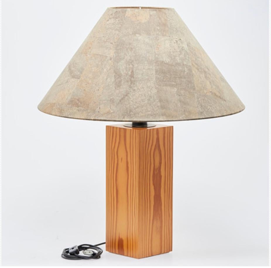 Ingo Maurer, table lamp model 'Design M', pine, cork, designed 1974, Germany. Large table lamp with a rectangular base in stained pine and a cone-shaped lampshade in gray cork veneer.  Original European wire. Rewiring available upon request.