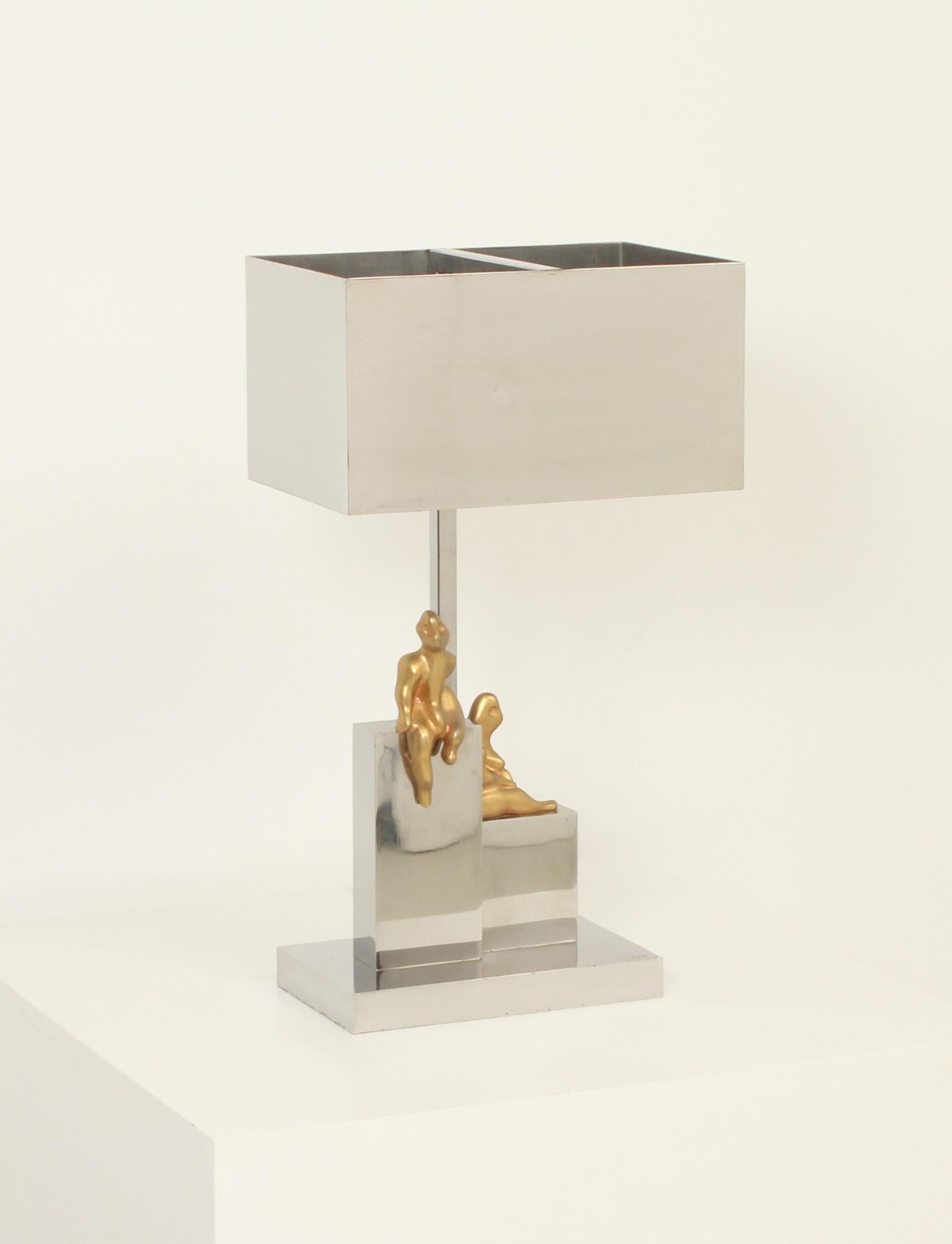 Large table lamp by Spanish sculptor Aurelio Teno for DEC, Madrid, 1970's. Chromed-plated steel and brass in the style of Maria Pergay or Gabriella Crespi. Signed and numbered. 
