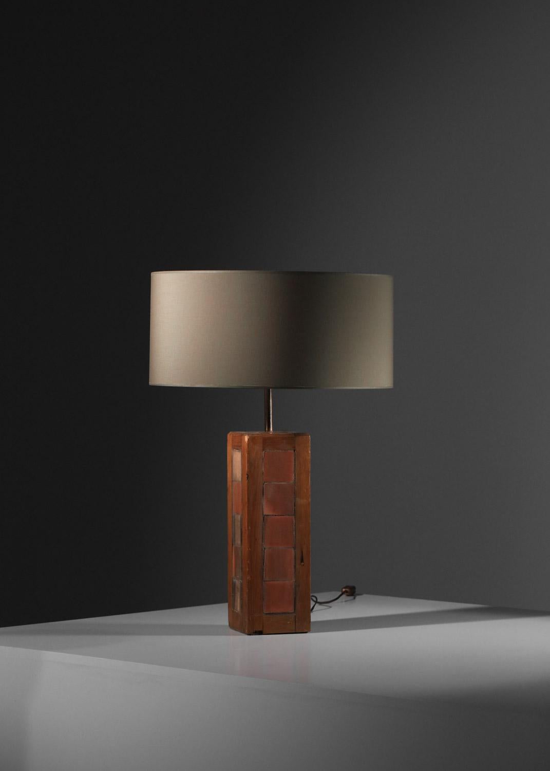 Hand-Crafted large table lamp in oak & ceramic tile French provencal popular art unique piece For Sale