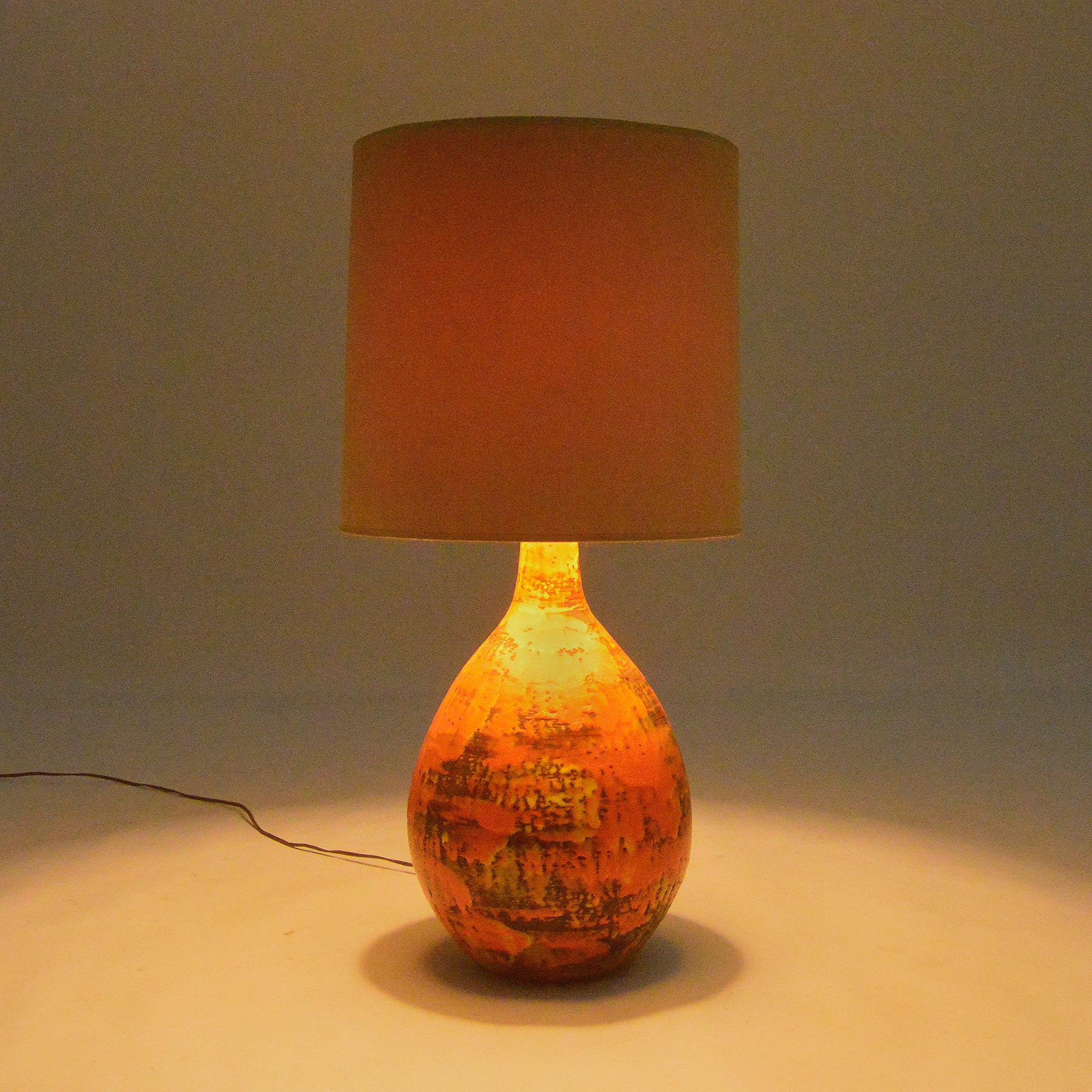 Ceramic Large Table Lamp with Vivid Orange Glaze in the Manner of Fantoni For Sale