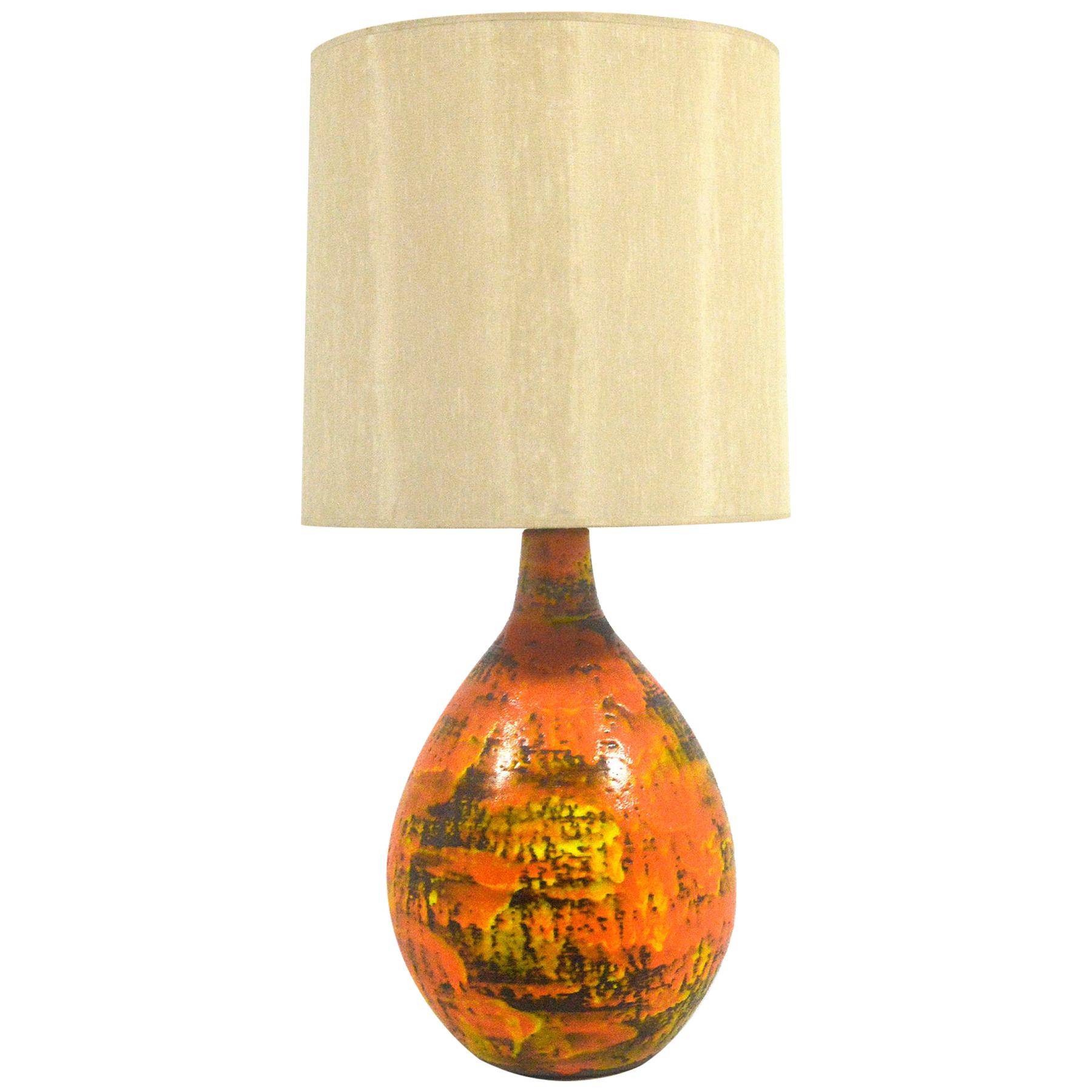 Large Table Lamp with Vivid Orange Glaze in the Manner of Fantoni For Sale