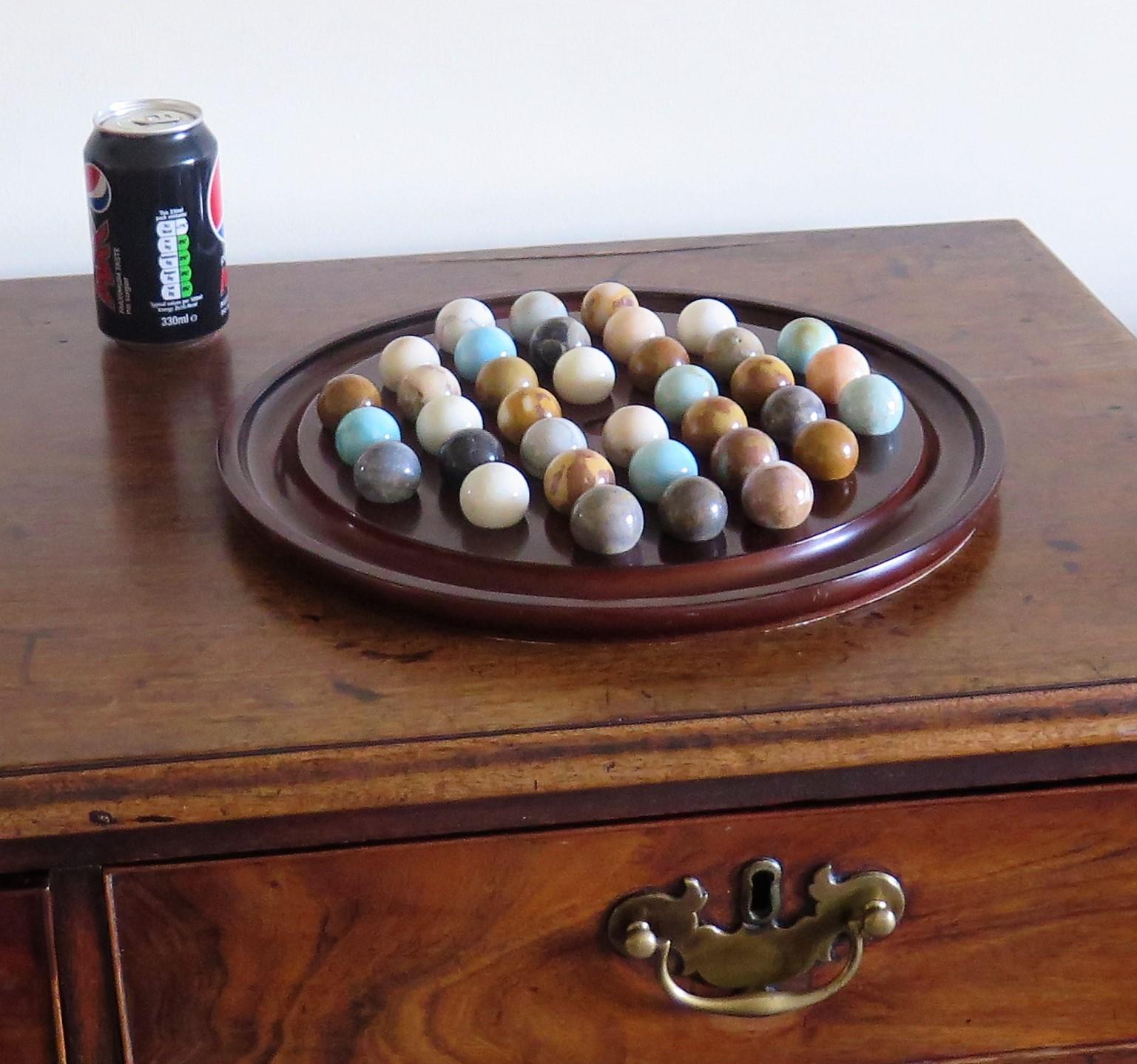Large Table Marble Solitaire Game with 36 Mineral Stone Marbles, circa 1940 6