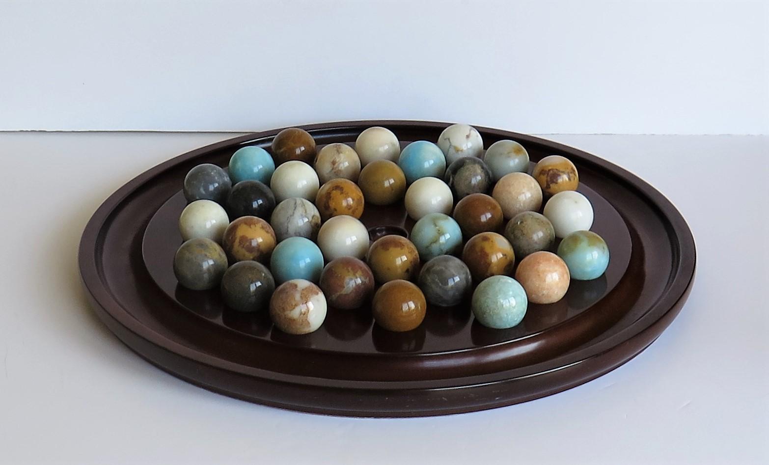 Victorian Large Table Marble Solitaire Game with 36 Mineral Stone Marbles, circa 1940