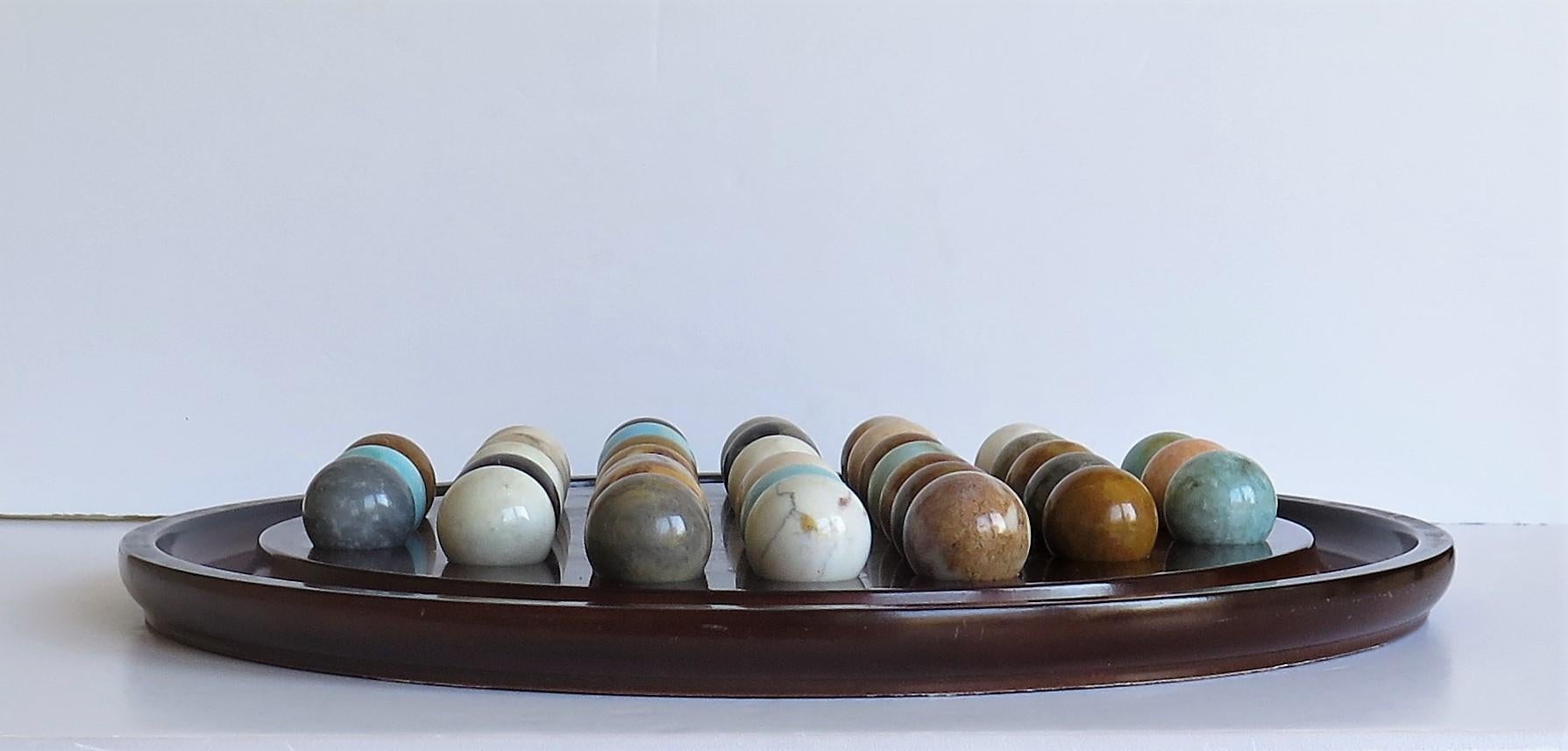 French Large Table Marble Solitaire Game with 36 Mineral Stone Marbles, circa 1940