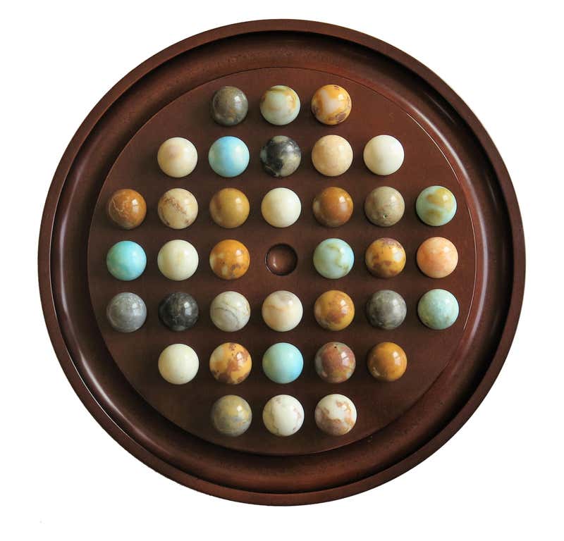 Large Table Marble Solitaire Game with 36 Mineral Stone Marbles, circa