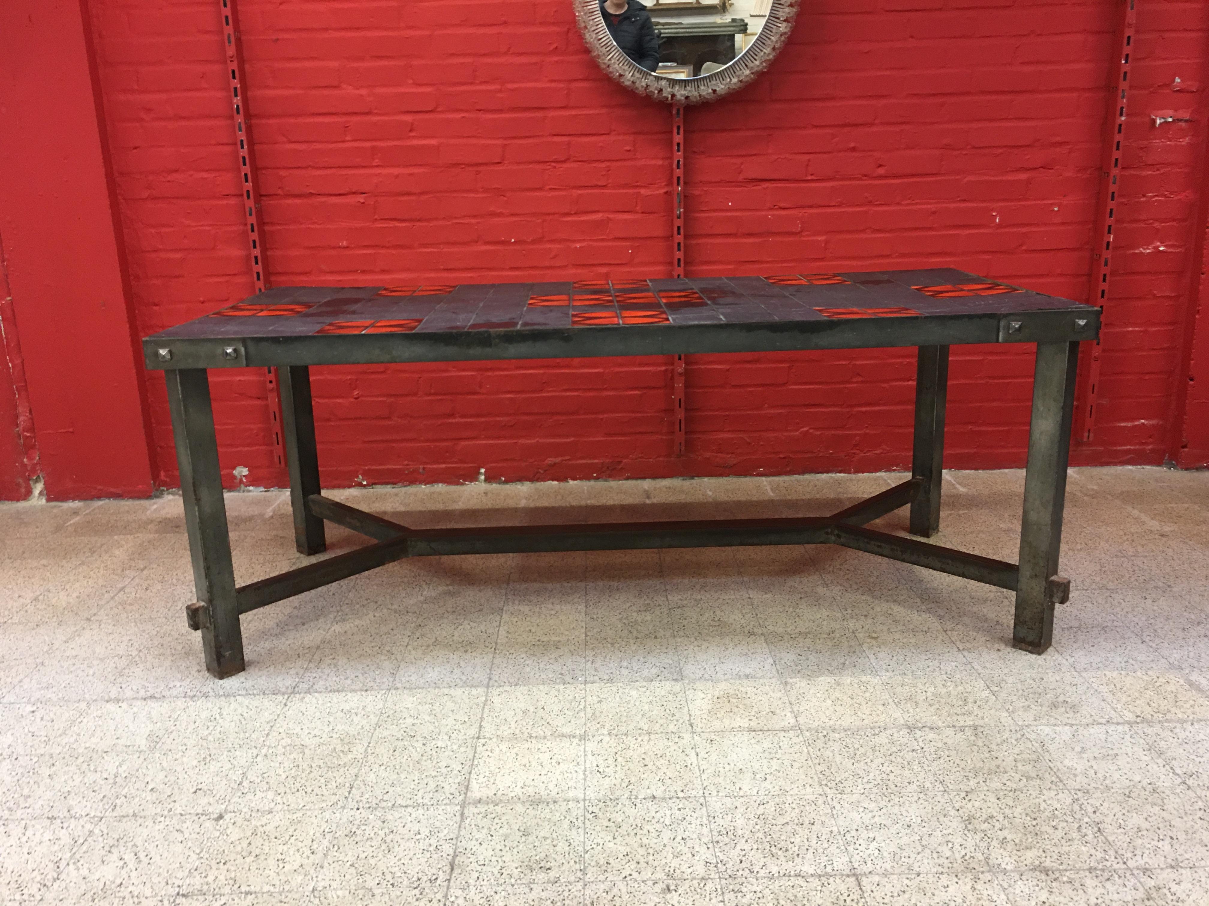 French Large Table with Metallic Structure in the Style of Jacques Adnet, circa 1950 For Sale