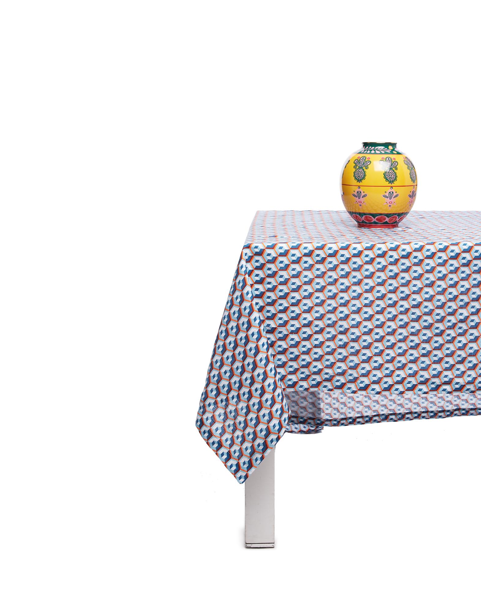Italian Large Tablecloth Cubi Blu Print, 100% Linen by La DoubleJ