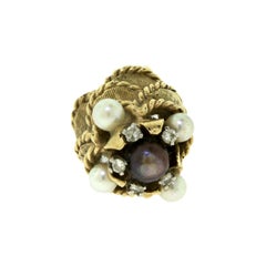 Large Tahitian and South Sea Pearl with Diamonds Cocktail Cluster Gold Ring