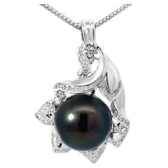 Large Tahitian Pearl Diamond Necklace 18K White Gold