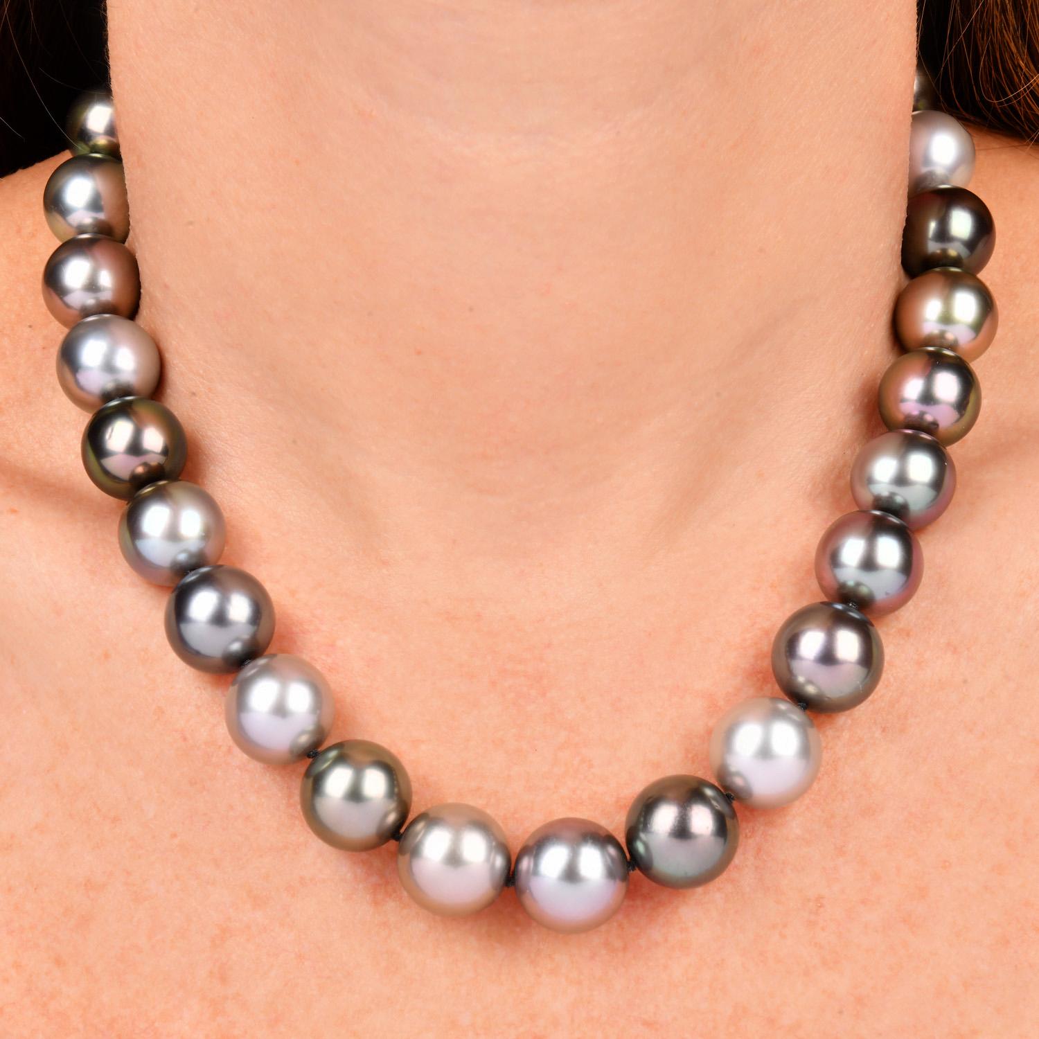 Large Tahitian Pearl Diamond Statement 14K Gold Necklace For Sale 1