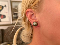 Large Tahitian Pearl Stud Earrings 14K White Gold