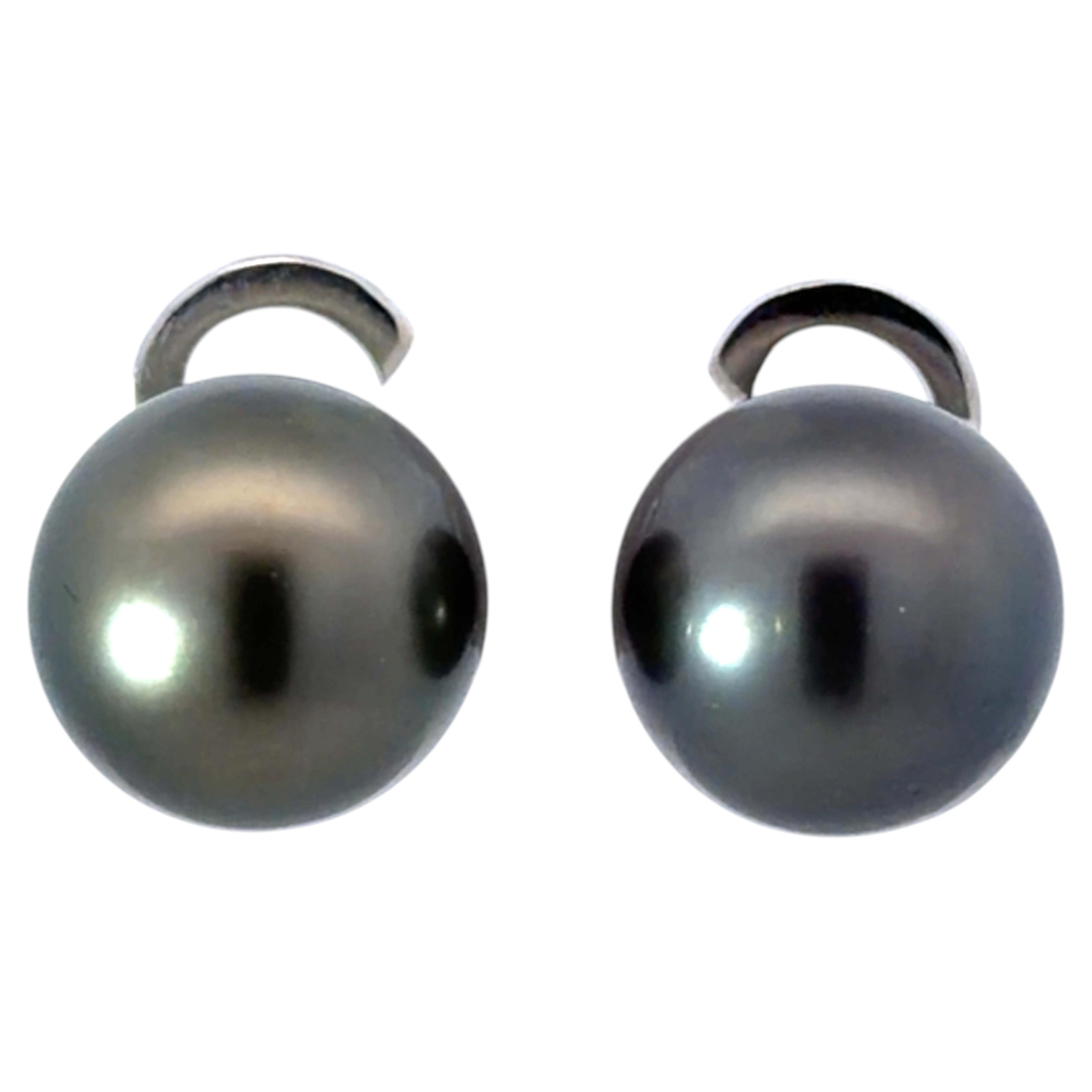 Large Tahitian Pearl Stud Earrings 14K White Gold For Sale