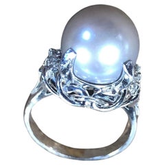 Large Tahitian Silver Grey Pearl Diamond Platinum Vintage Ring