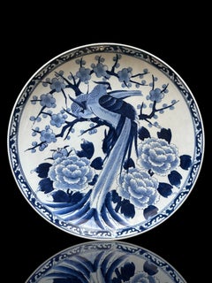 Large Taisho Period Imari Porcelain Charger with Hand-Painted Peacock