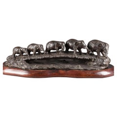 Large Takachika" & "Kakuha sei" Bronze Elephant Herd Statue Japan Meiji era