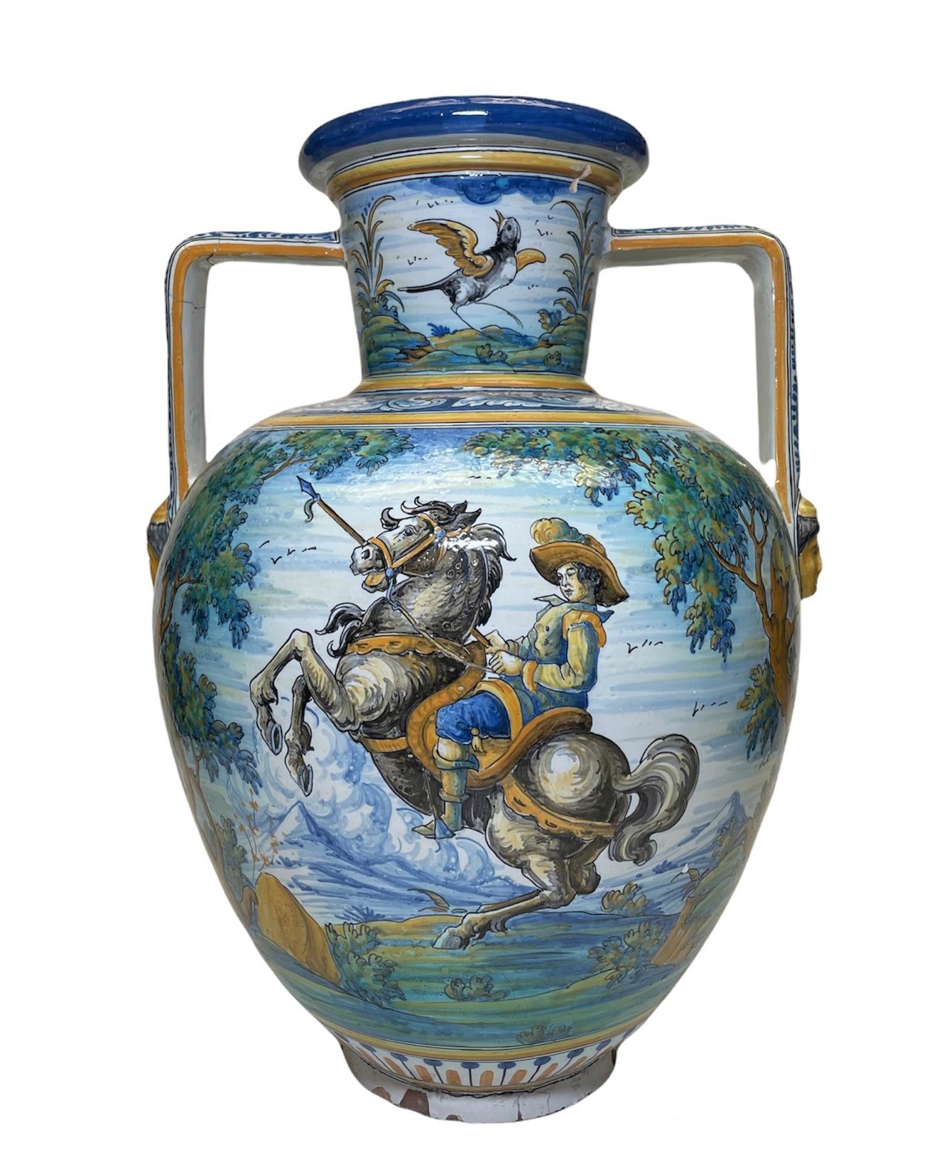 Spanish Large Talavera Hand Painted Majolica Amphora/Urn Vase For Sale