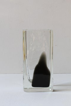Large Tall Cenedese Italian Square Black & Clear Murano Glass Vase New Old Stock