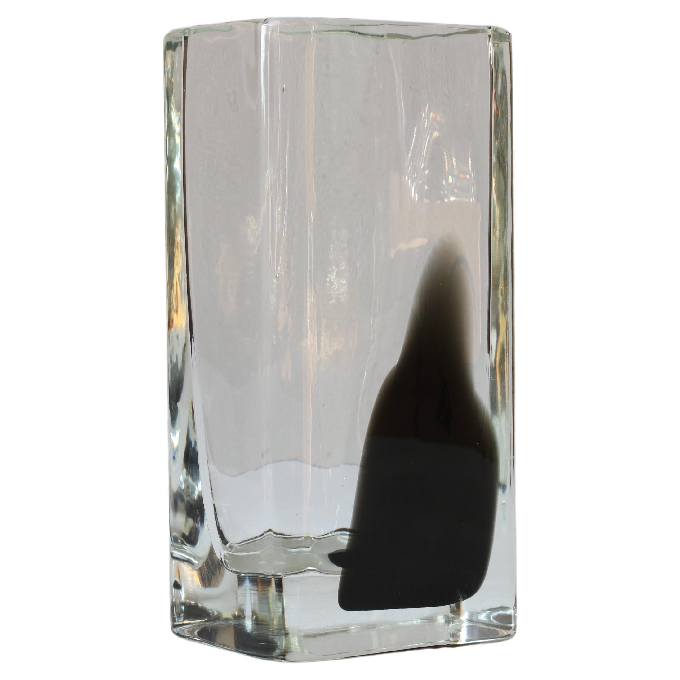 Large Tall Cenedese Italian Square Black & Clear Murano Glass Vase New Old Stock