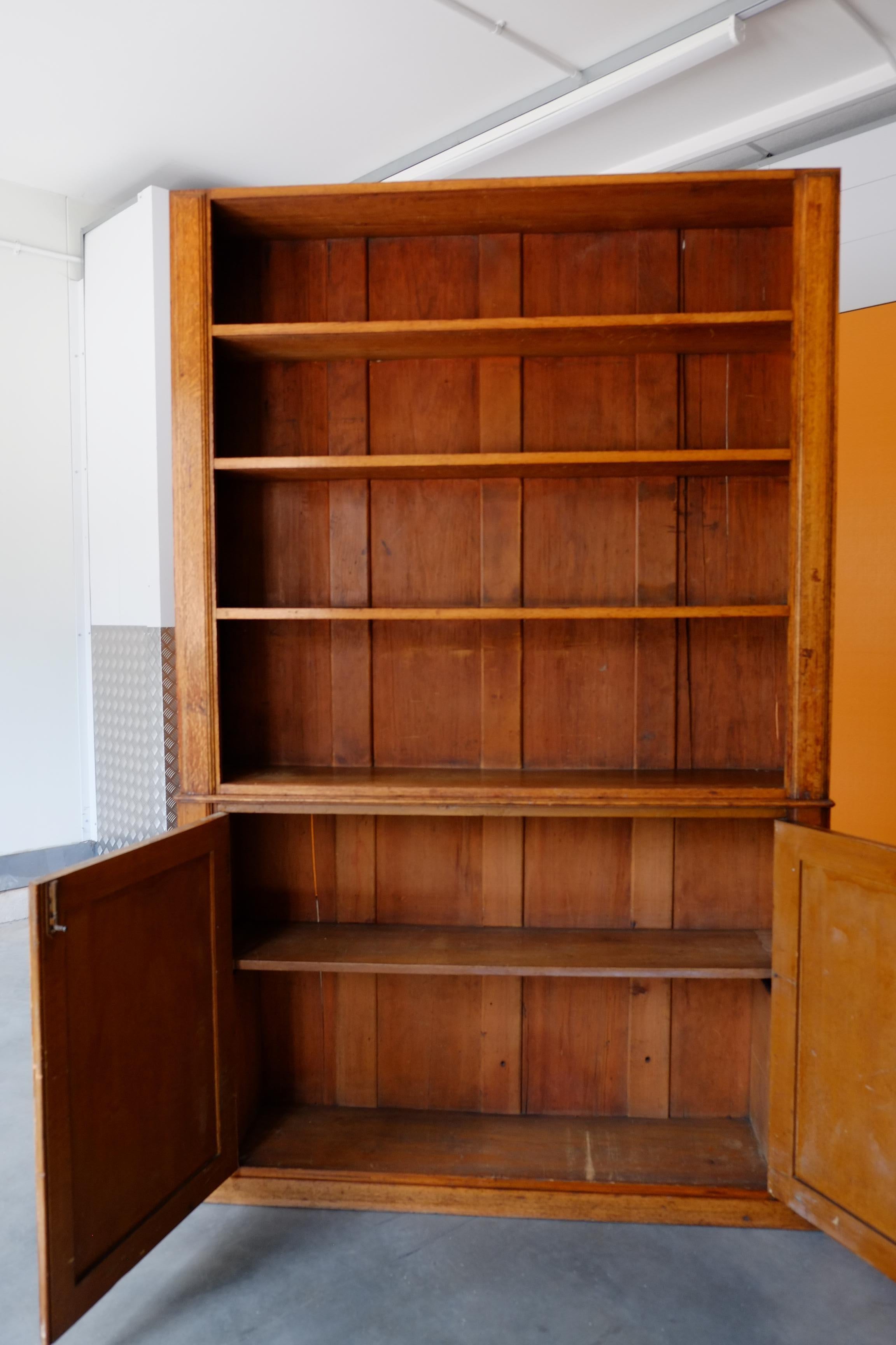 Large Tall English Oak Library School Cupboard & Bookcase Shelves For Sale 5