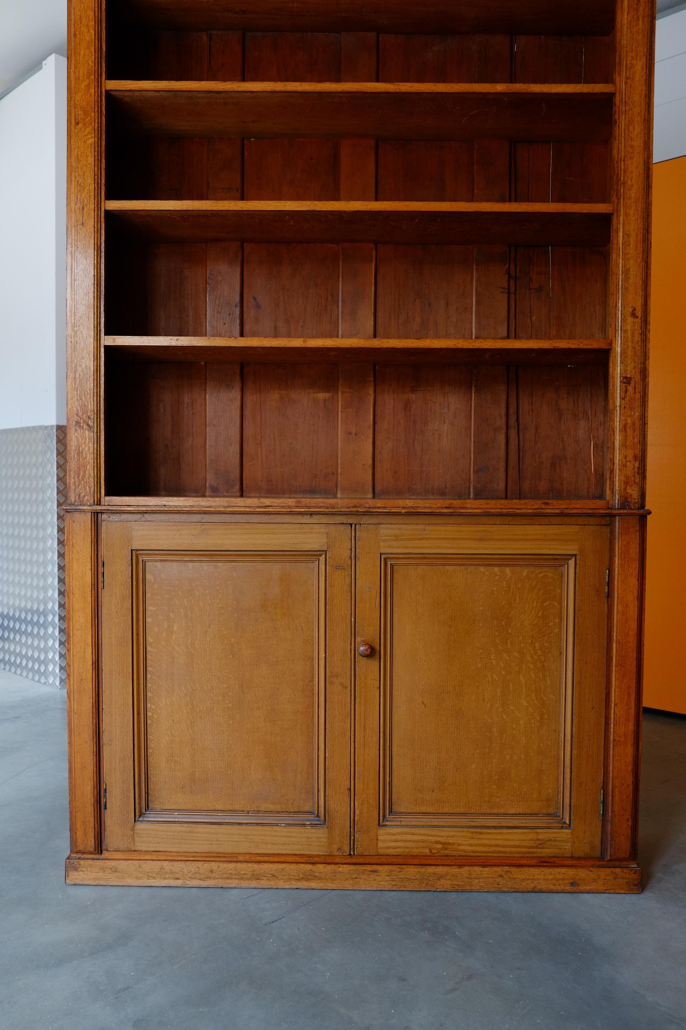 Large Tall English Oak Library School Cupboard & Bookcase Shelves For Sale 8