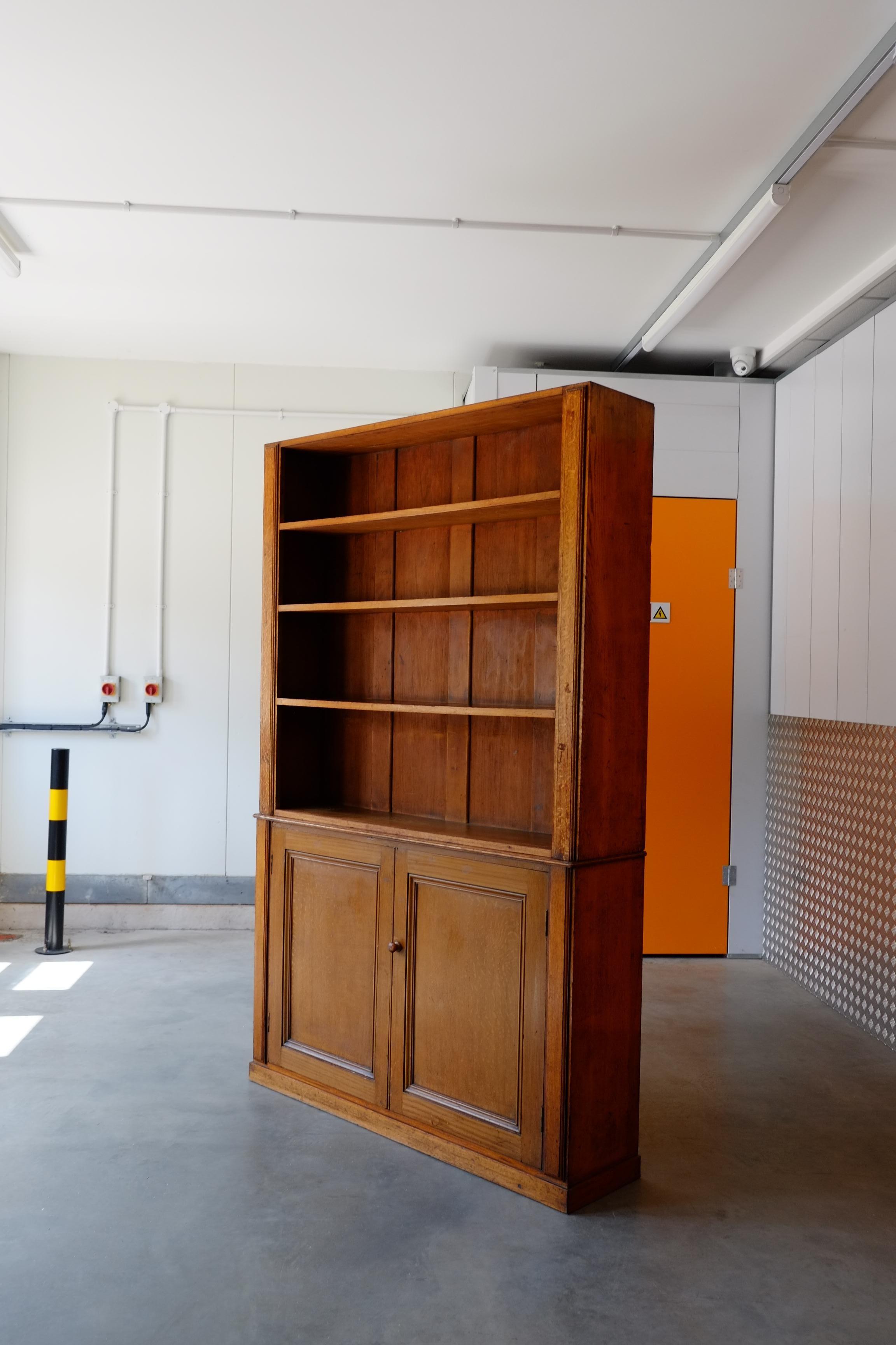 An impressive old school cupboard and bookcase from 1920's. Made in England in solid oak with a beautiful panelled pine back panel. This antique bookcase has a cupboard below four large shelves. Simple utility details with a panelled edging to the