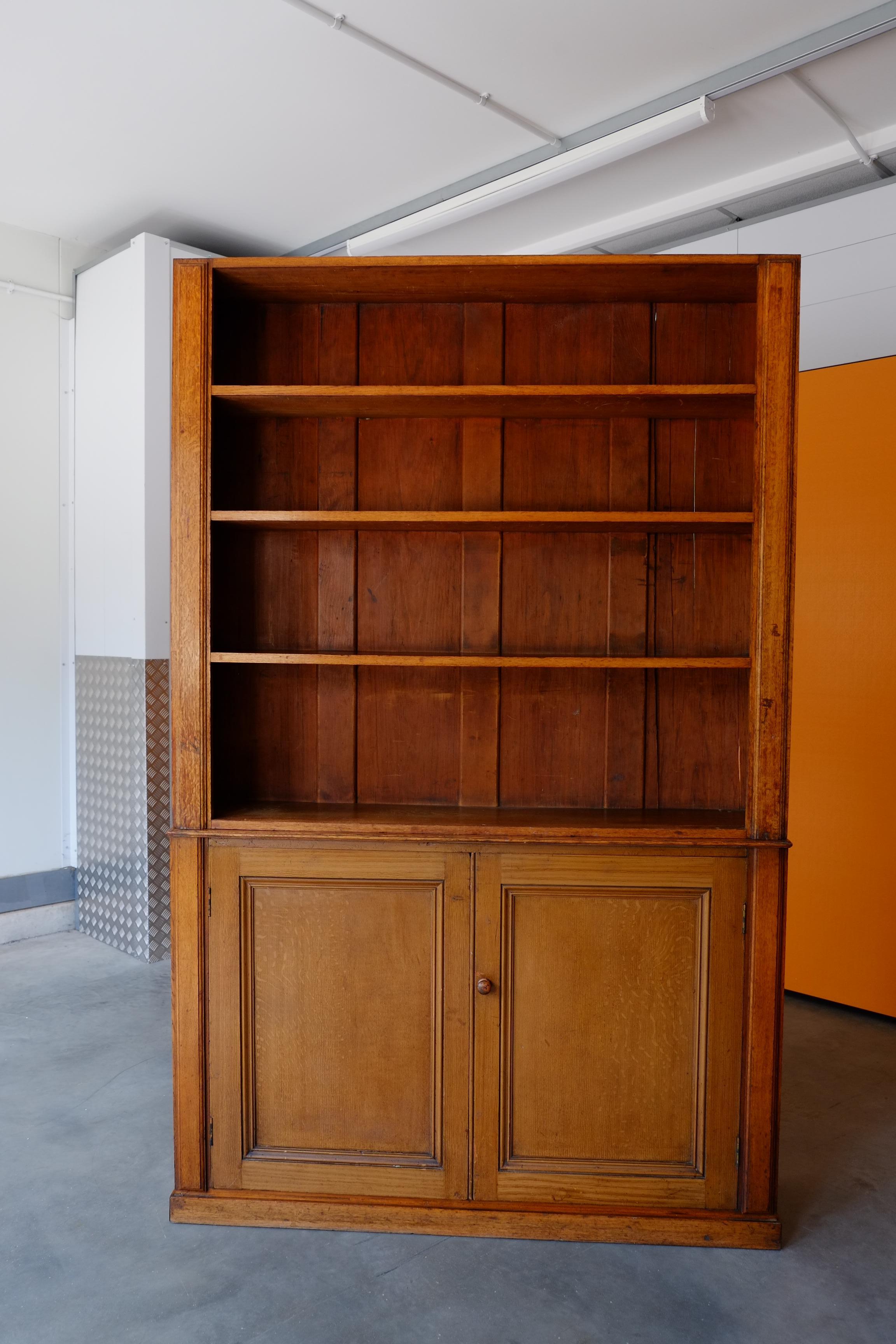 Industrial Large Tall English Oak Library School Cupboard & Bookcase Shelves For Sale