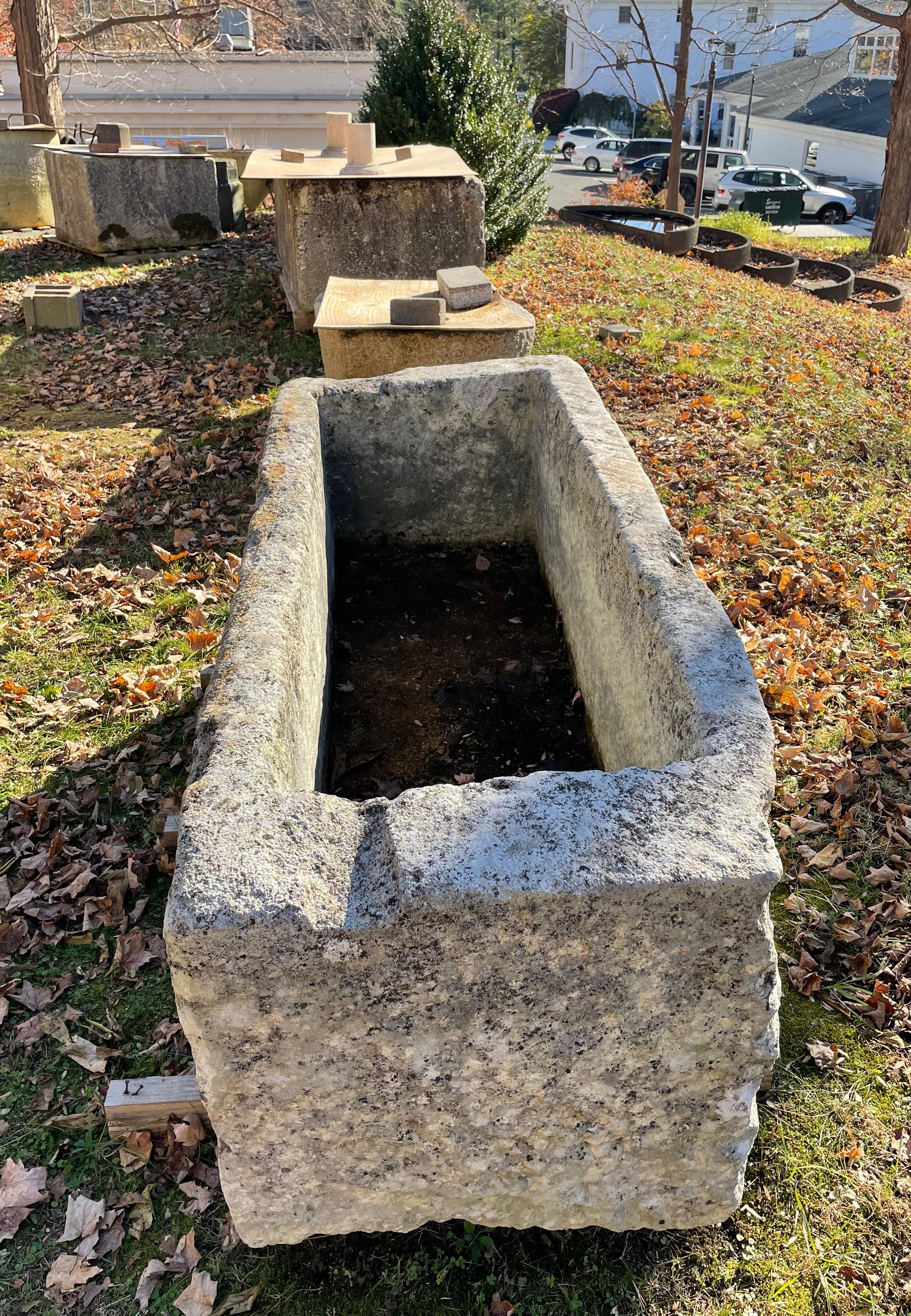 Large, Tall French Hand-Carved 18th Century Limestone Trough with Heavy Lichen For Sale