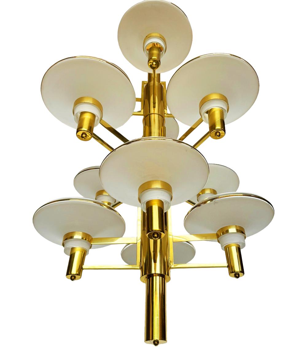 Unknown Large & Tall Hollywood Regency Italian Brass & Glass Chandelier for Foyer For Sale