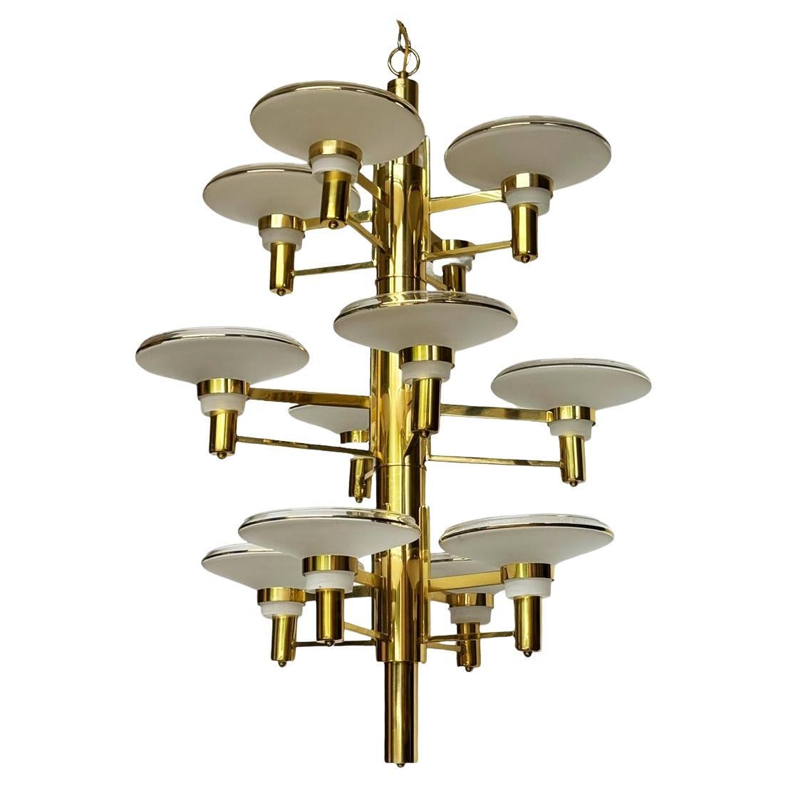 Large & Tall Hollywood Regency Italian Brass & Glass Chandelier for Foyer