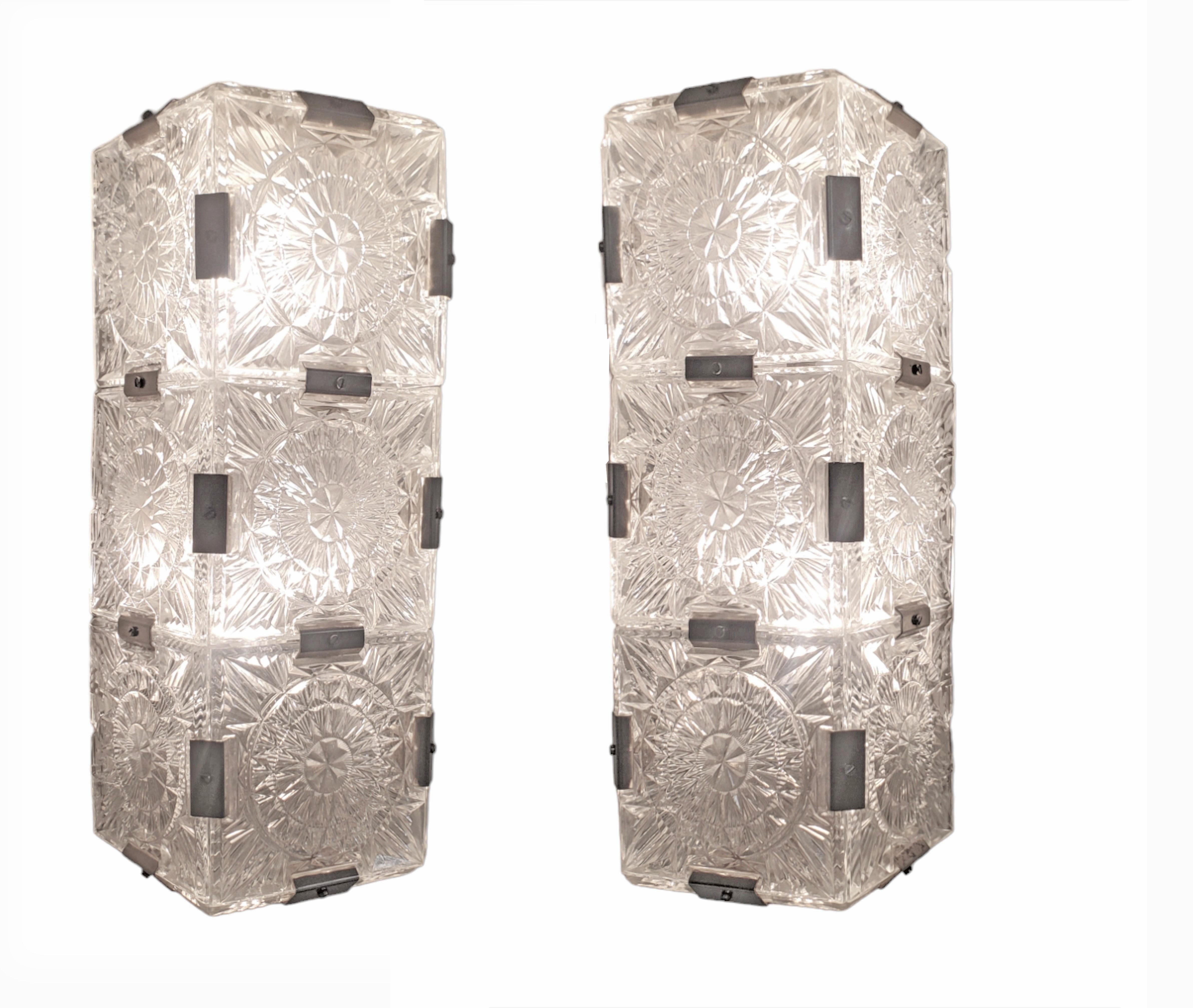 Large + tall pair of rectangular Mid Century Modern sparkly glass sconces For Sale 4