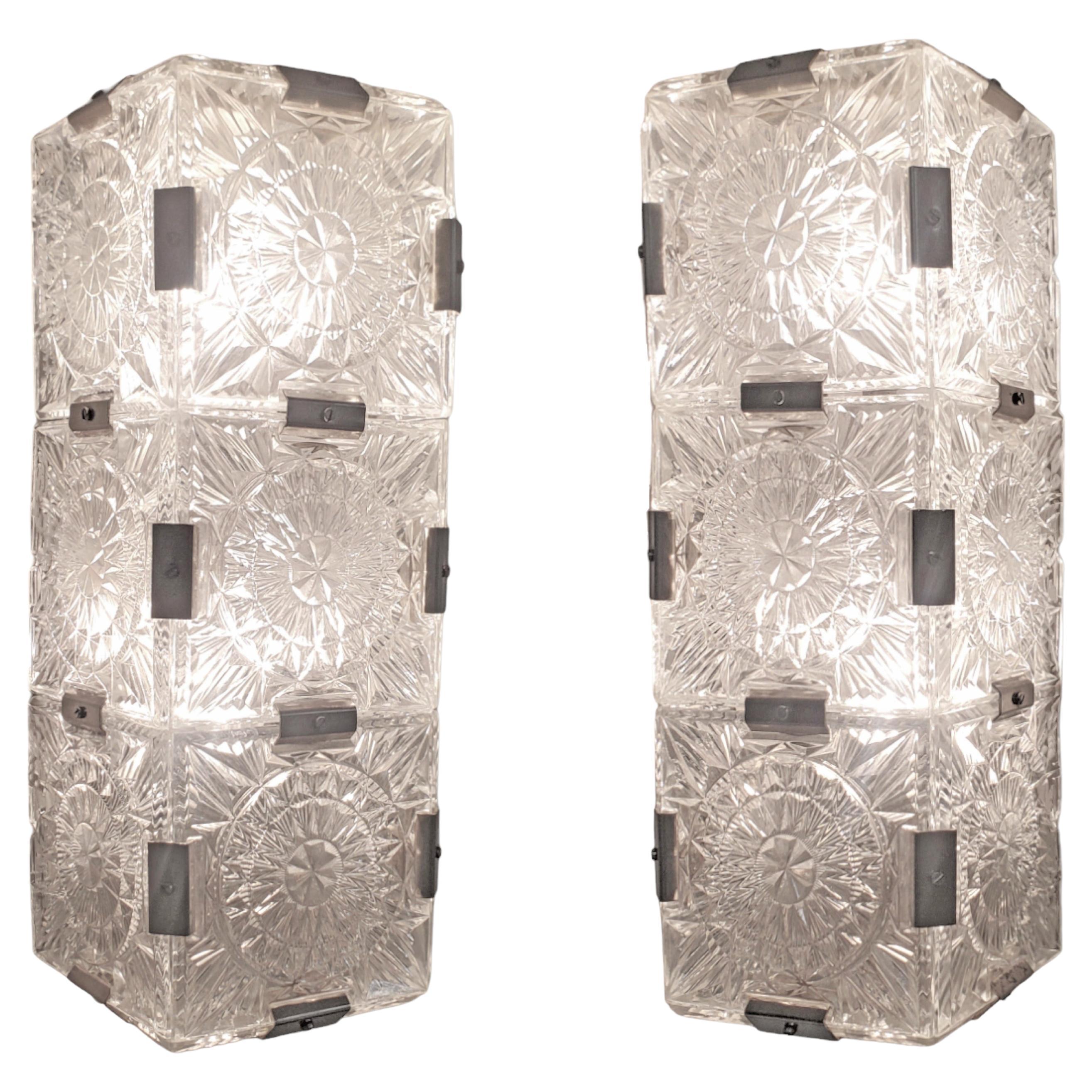 Large + tall pair of rectangular Mid Century Modern sparkly glass sconces For Sale