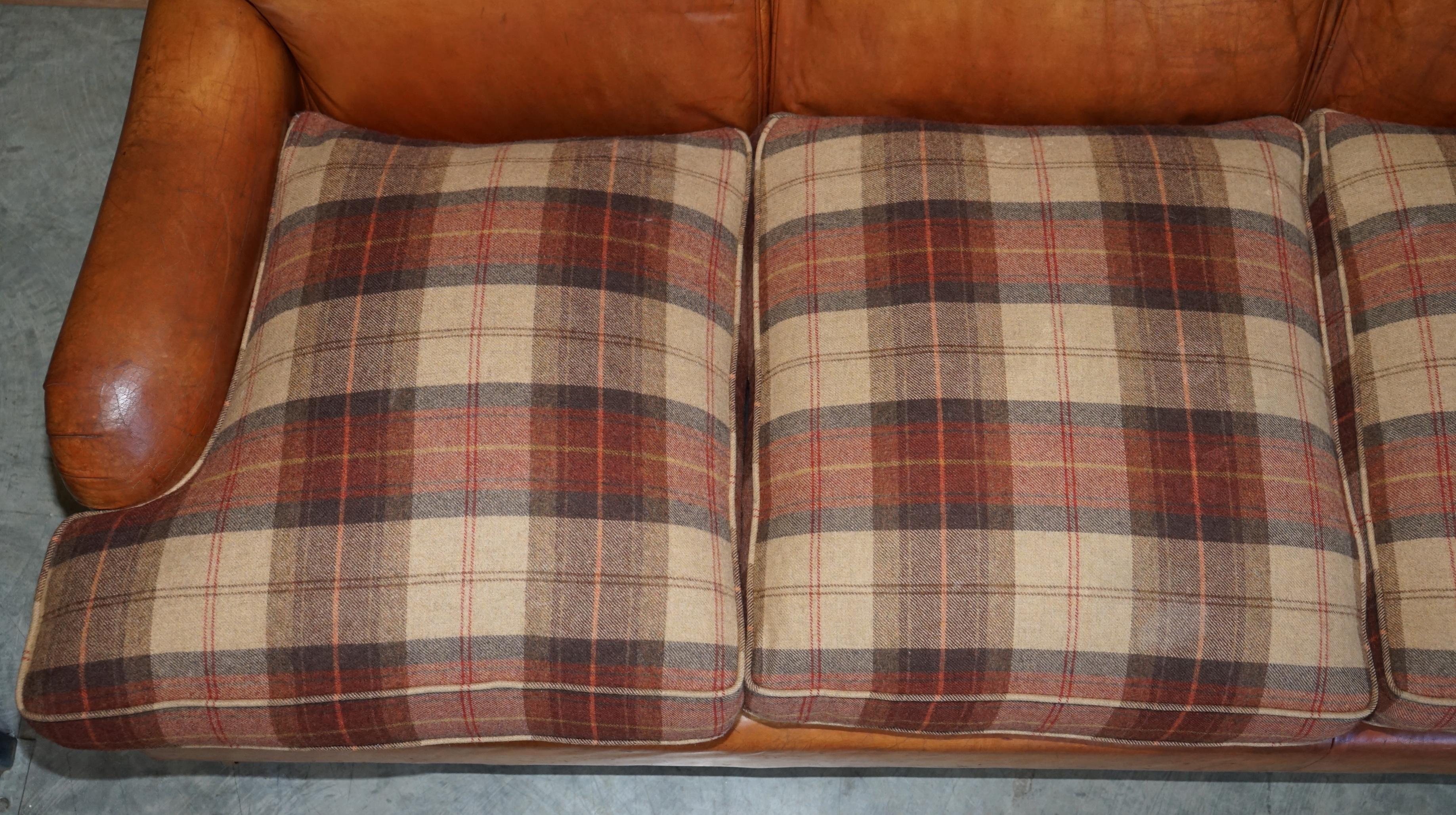 20th Century Large Tan Brown Leather Four-Seat Sofa Tartan Wool Feather Cushions Howard Arm