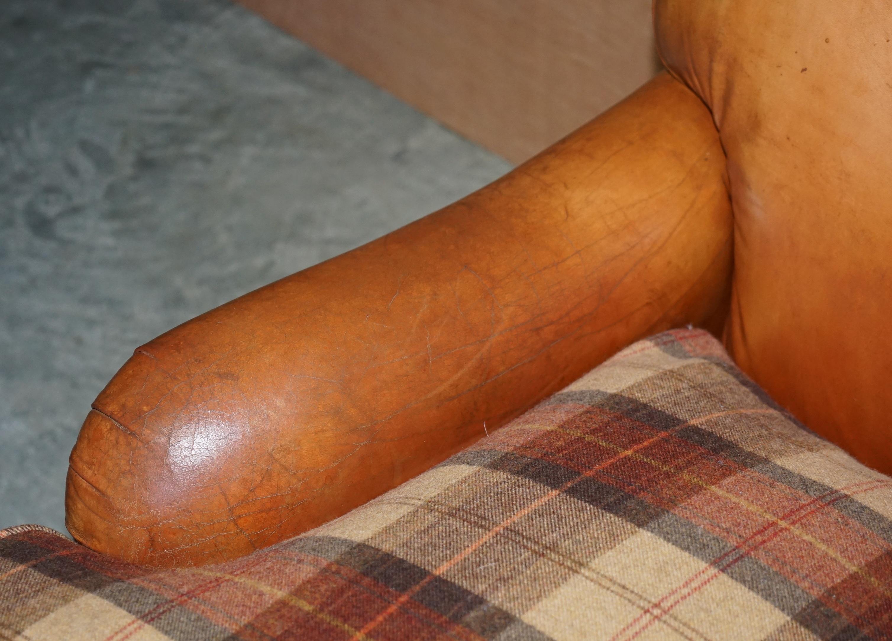 Large Tan Brown Leather Four-Seat Sofa Tartan Wool Feather Cushions Howard Arm 1