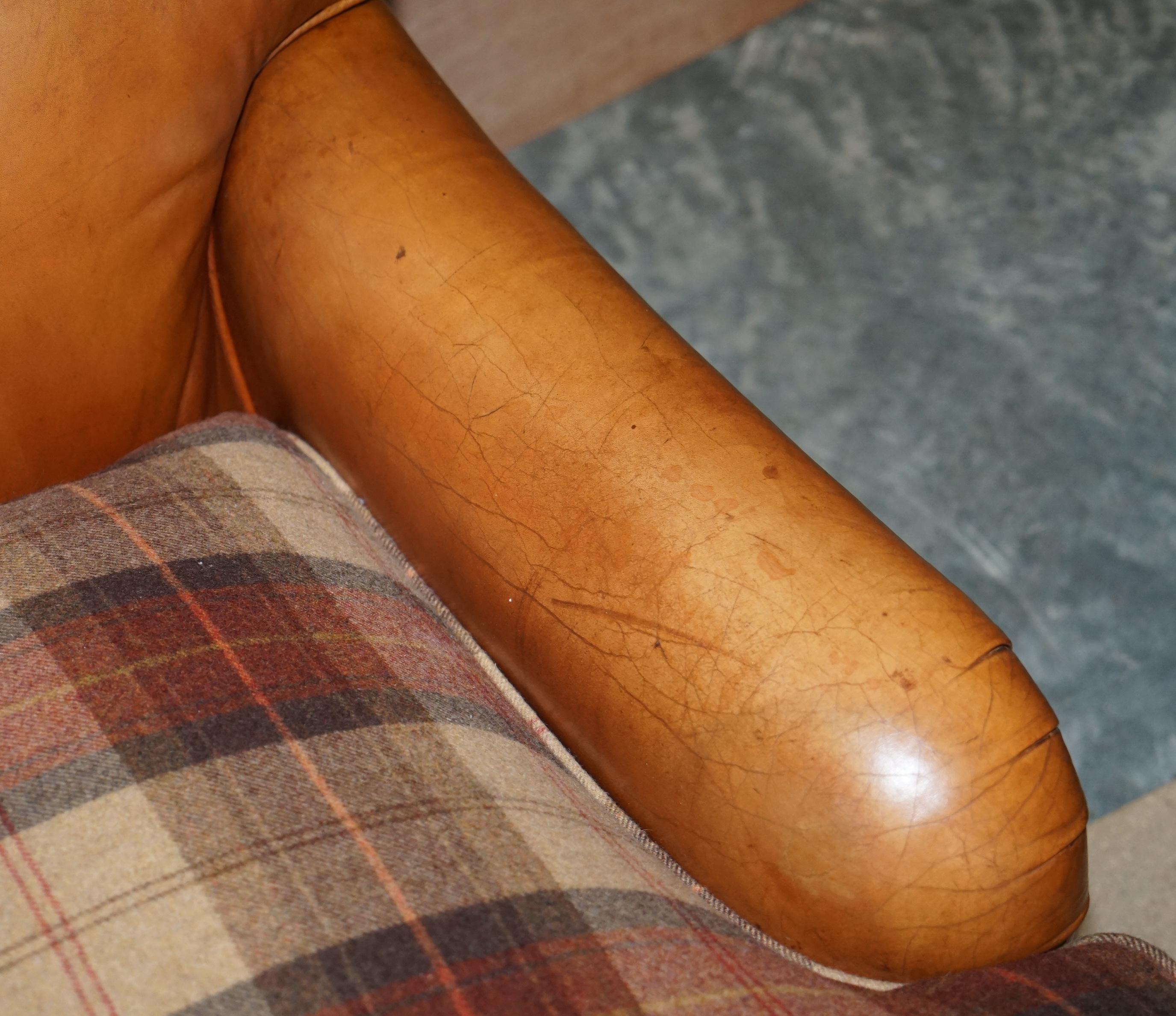 Large Tan Brown Leather Four-Seat Sofa Tartan Wool Feather Cushions Howard Arm 2