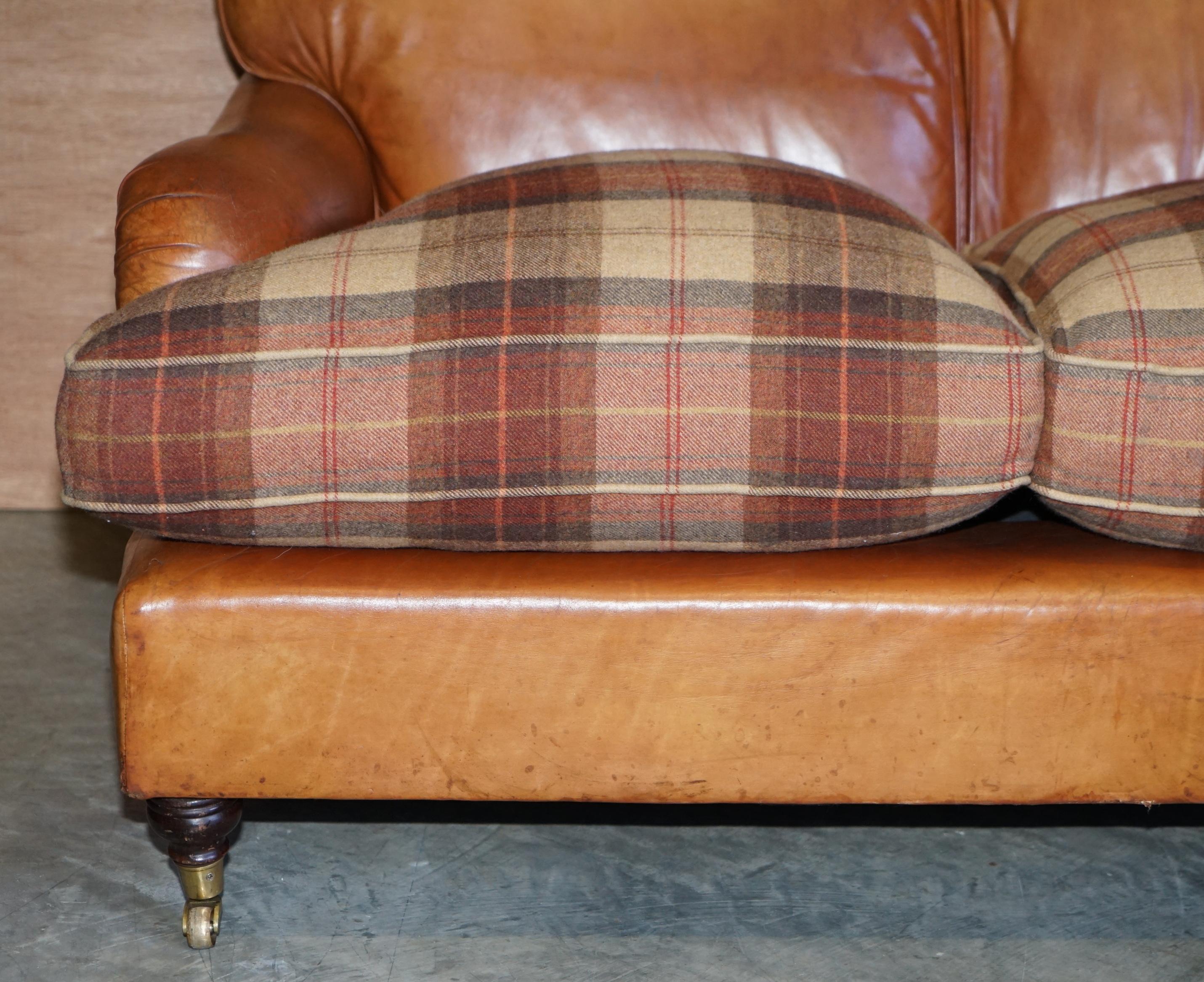 Large Tan Brown Leather Four-Seat Sofa Tartan Wool Feather Cushions Howard Arm 3