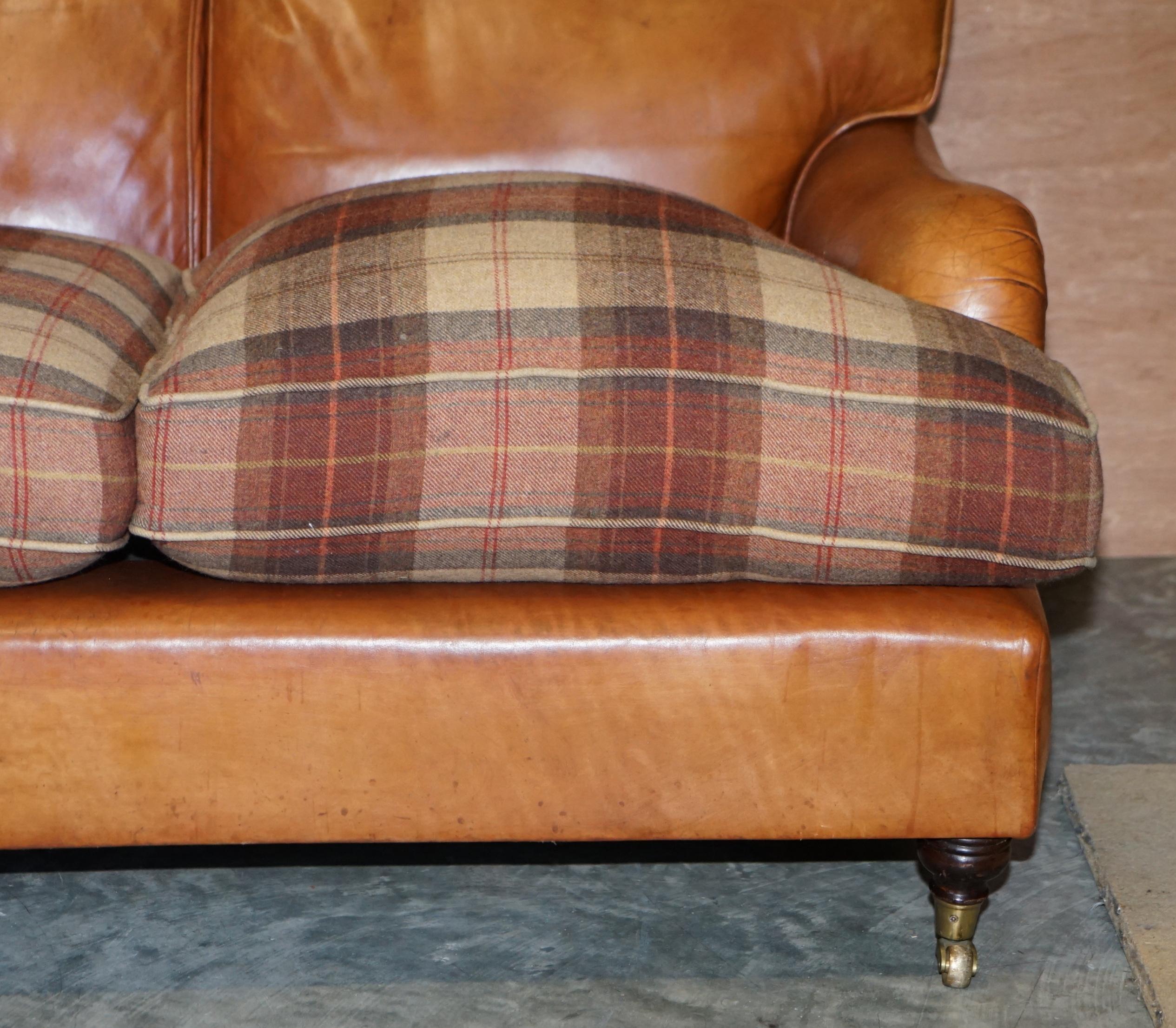 Large Tan Brown Leather Four-Seat Sofa Tartan Wool Feather Cushions Howard Arm 5