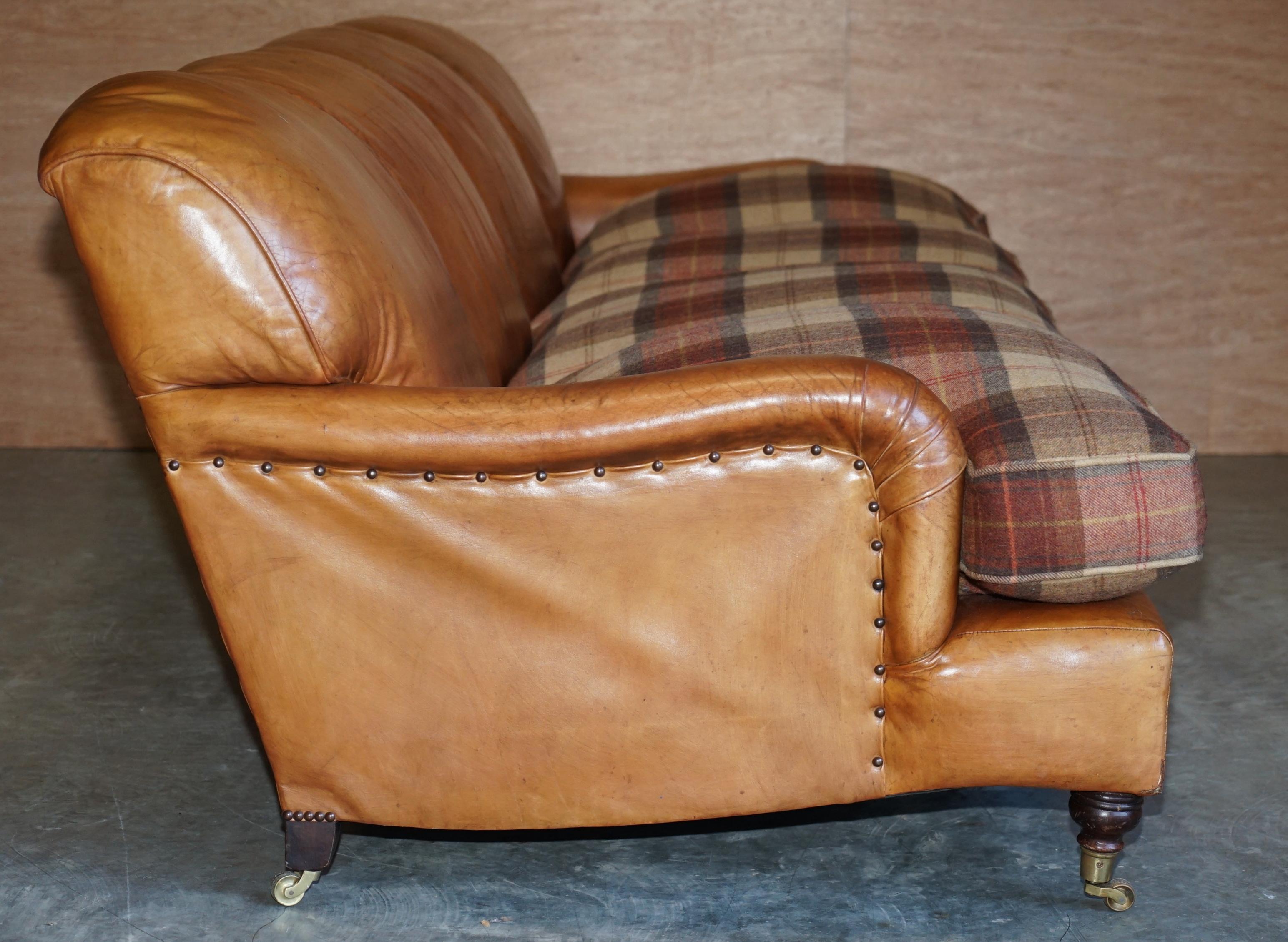 Large Tan Brown Leather Four-Seat Sofa Tartan Wool Feather Cushions Howard Arm 7