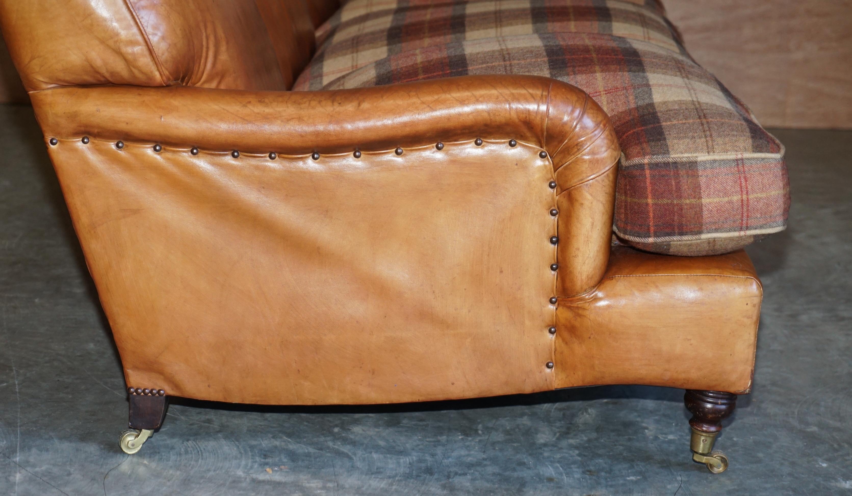 Large Tan Brown Leather Four-Seat Sofa Tartan Wool Feather Cushions Howard Arm 8