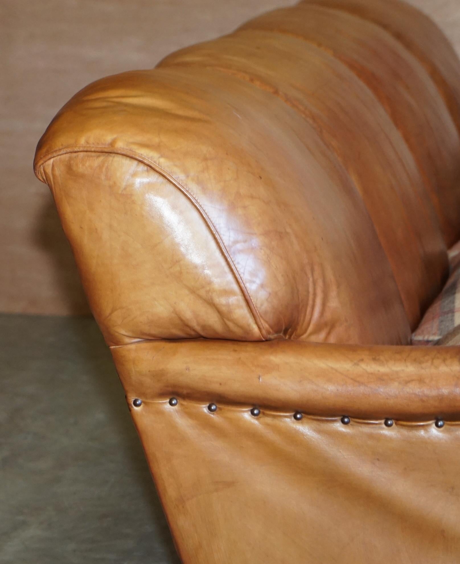Large Tan Brown Leather Four-Seat Sofa Tartan Wool Feather Cushions Howard Arm 9