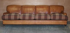 Large Tan Brown Leather Four-Seat Sofa Tartan Wool Feather Cushions Howard Arm
