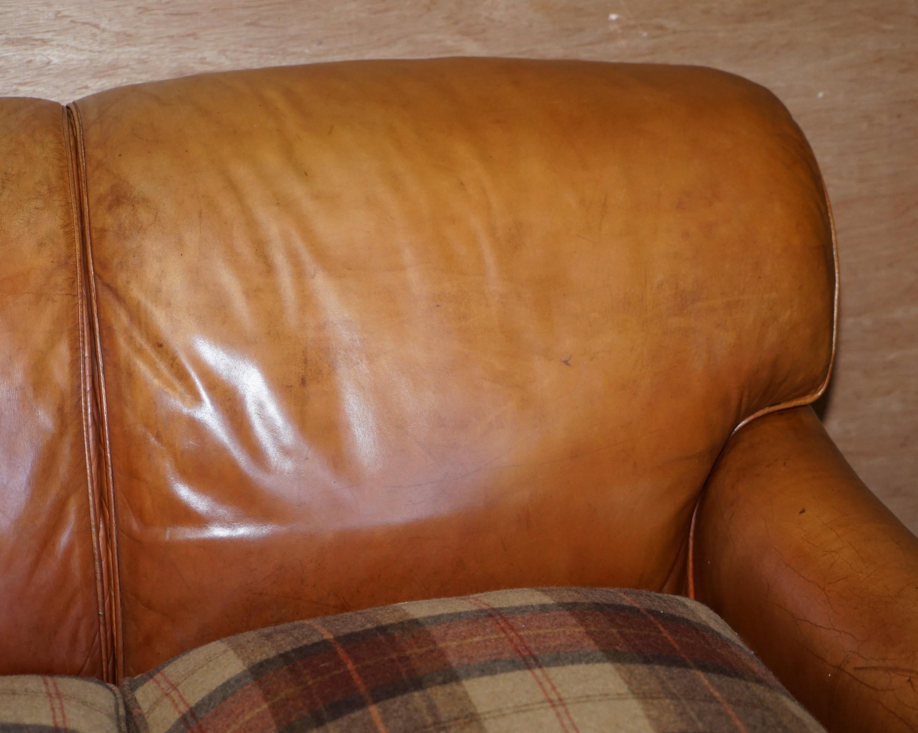 Victorian Large Tan Brown Leather Four-Seat Sofa Tartan Wool Feather Cushions Howard Arm