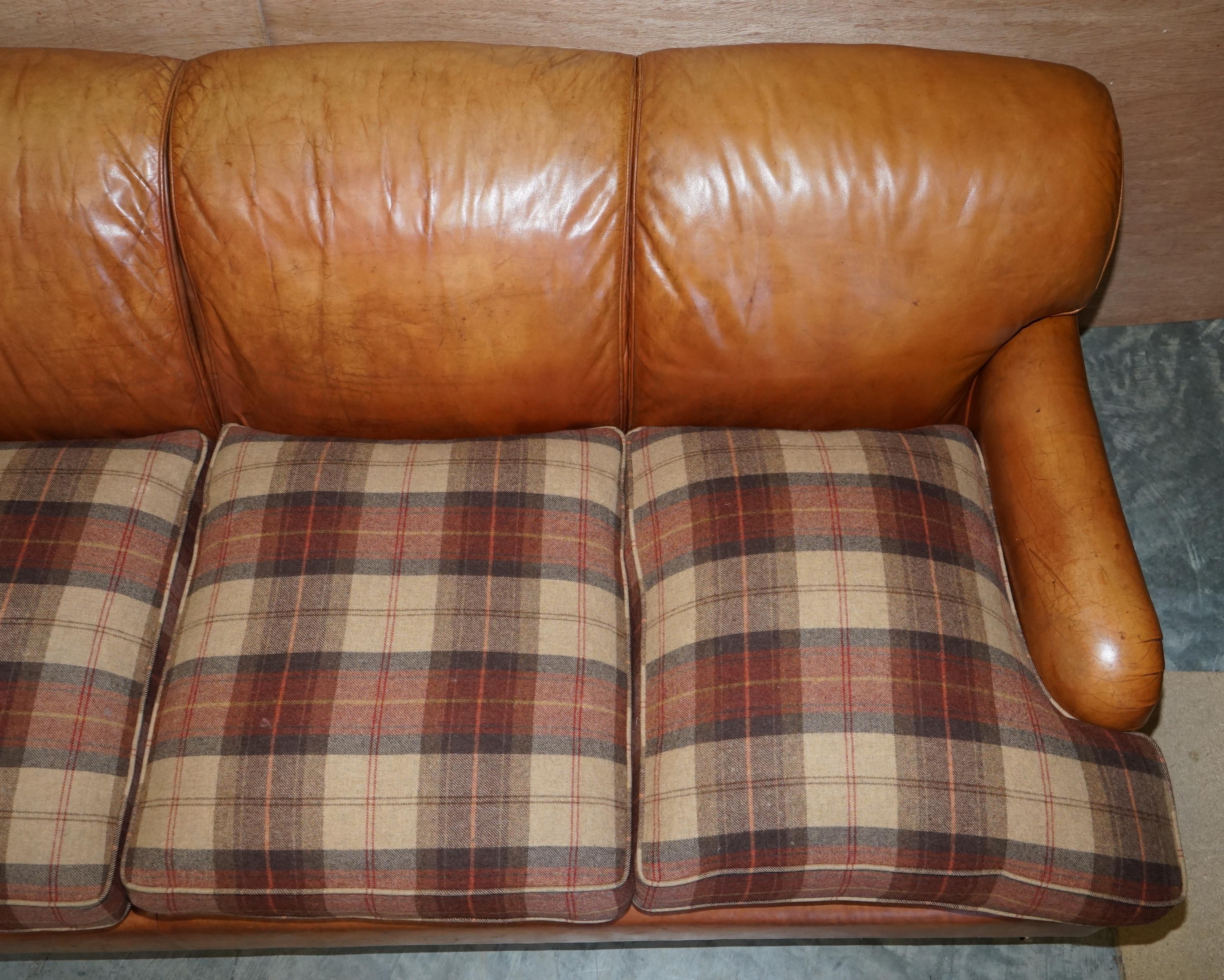 English Large Tan Brown Leather Four-Seat Sofa Tartan Wool Feather Cushions Howard Arm