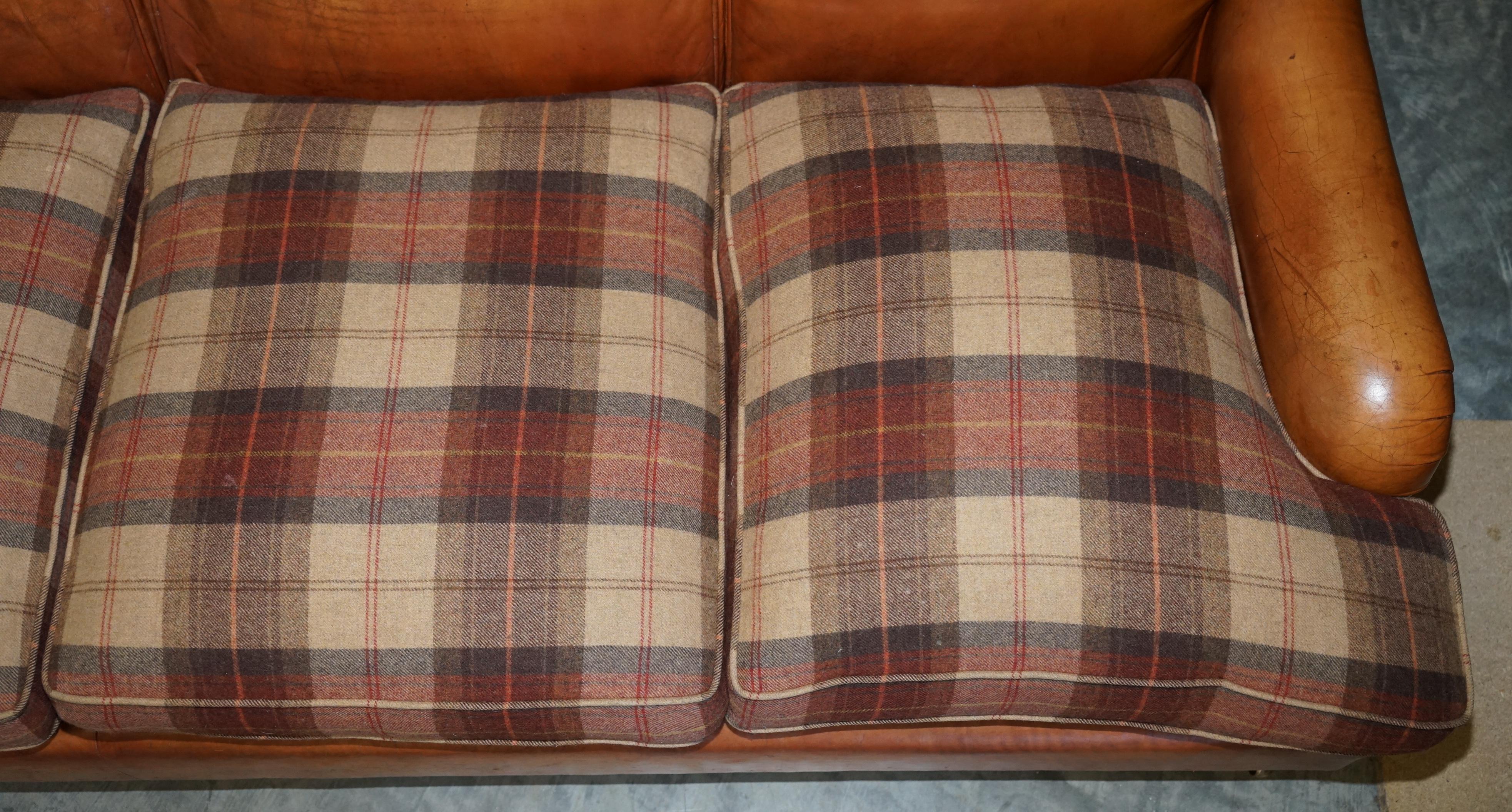 Hand-Carved Large Tan Brown Leather Four-Seat Sofa Tartan Wool Feather Cushions Howard Arm
