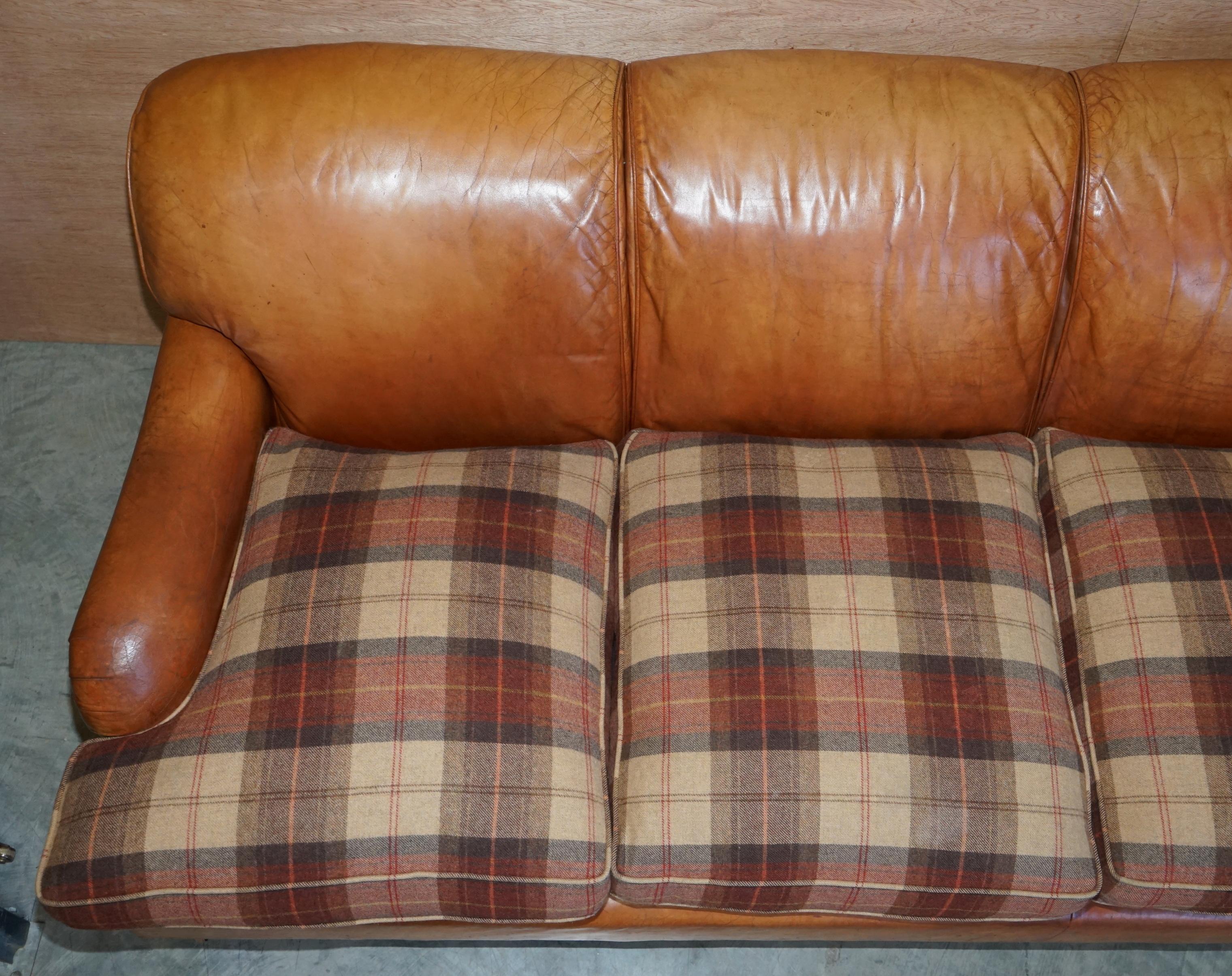 Large Tan Brown Leather Four-Seat Sofa Tartan Wool Feather Cushions Howard Arm In Good Condition In West Sussex, Pulborough