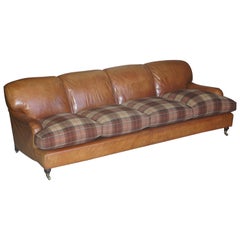 Vintage Large Tan Brown Leather Four-Seat Sofa Tartan Wool Feather Cushions Howard Arm