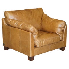 Vintage Large Tan Brown Leather Halo Oversized Snuggle Armchair with Side Cushions
