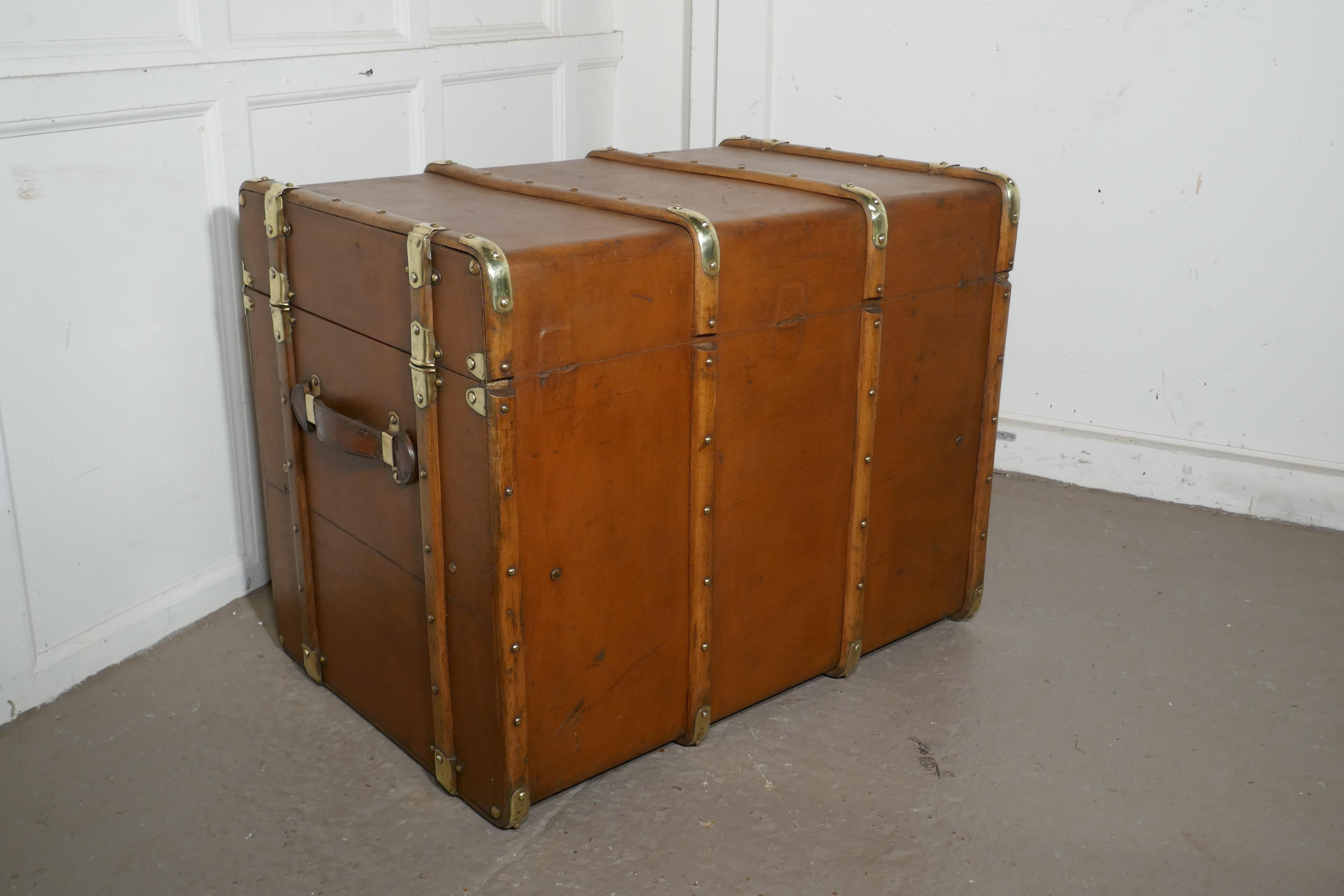 Large Tan Canvas, Wood and Brass Bound Steamer Trunk 5