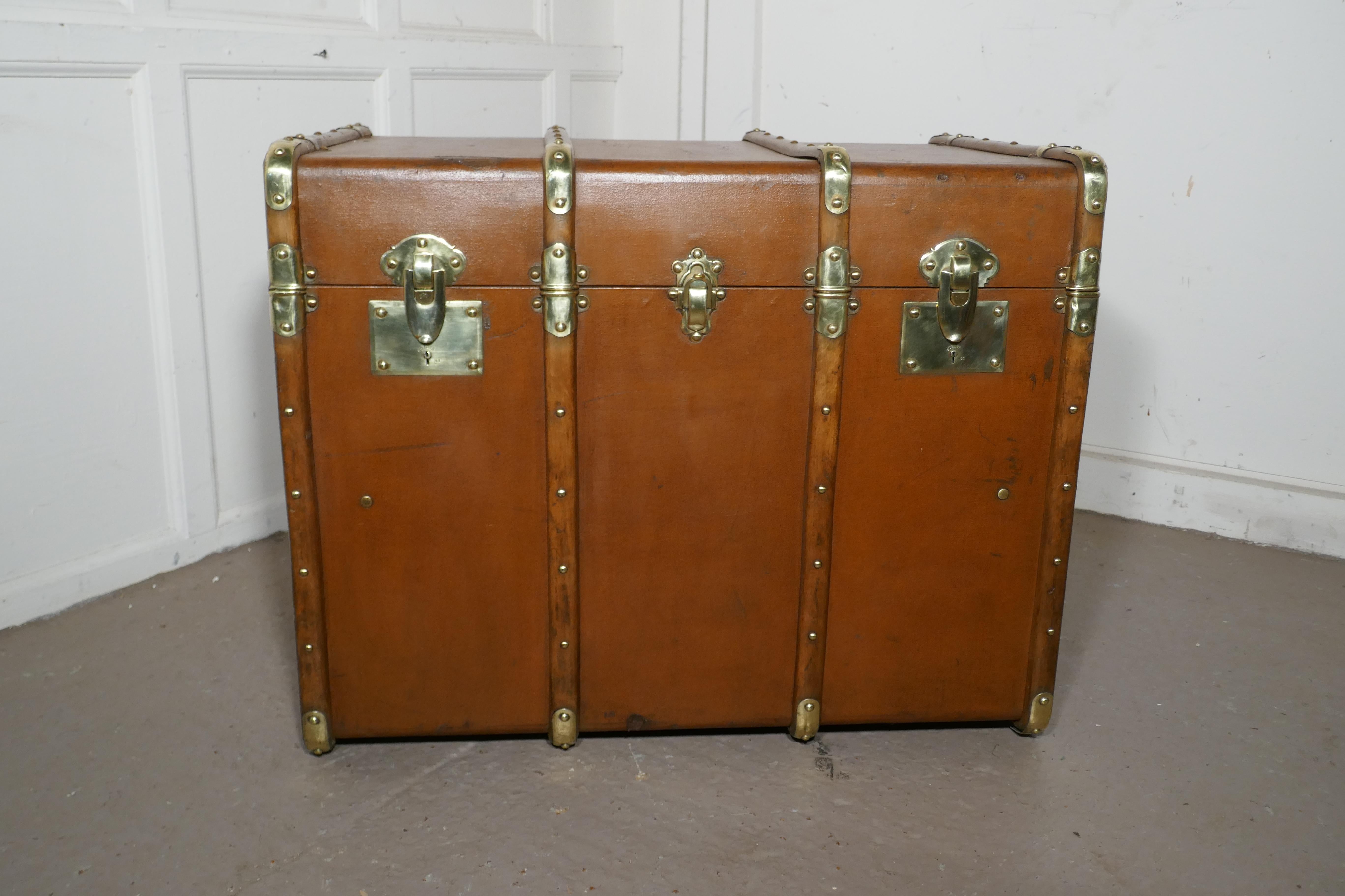 Victorian Large Tan Canvas, Wood and Brass Bound Steamer Trunk