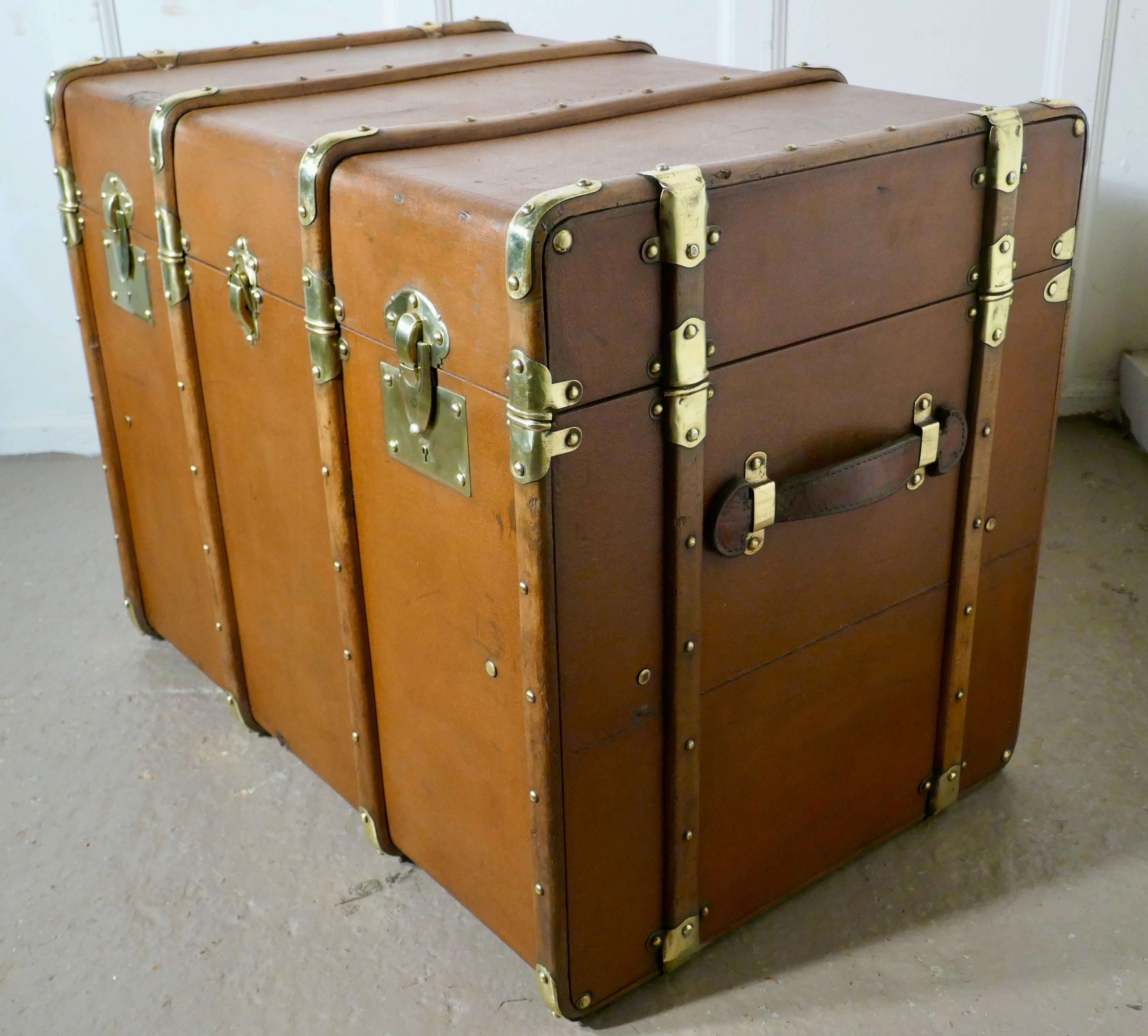 19th Century Large Tan Canvas, Wood and Brass Bound Steamer Trunk
