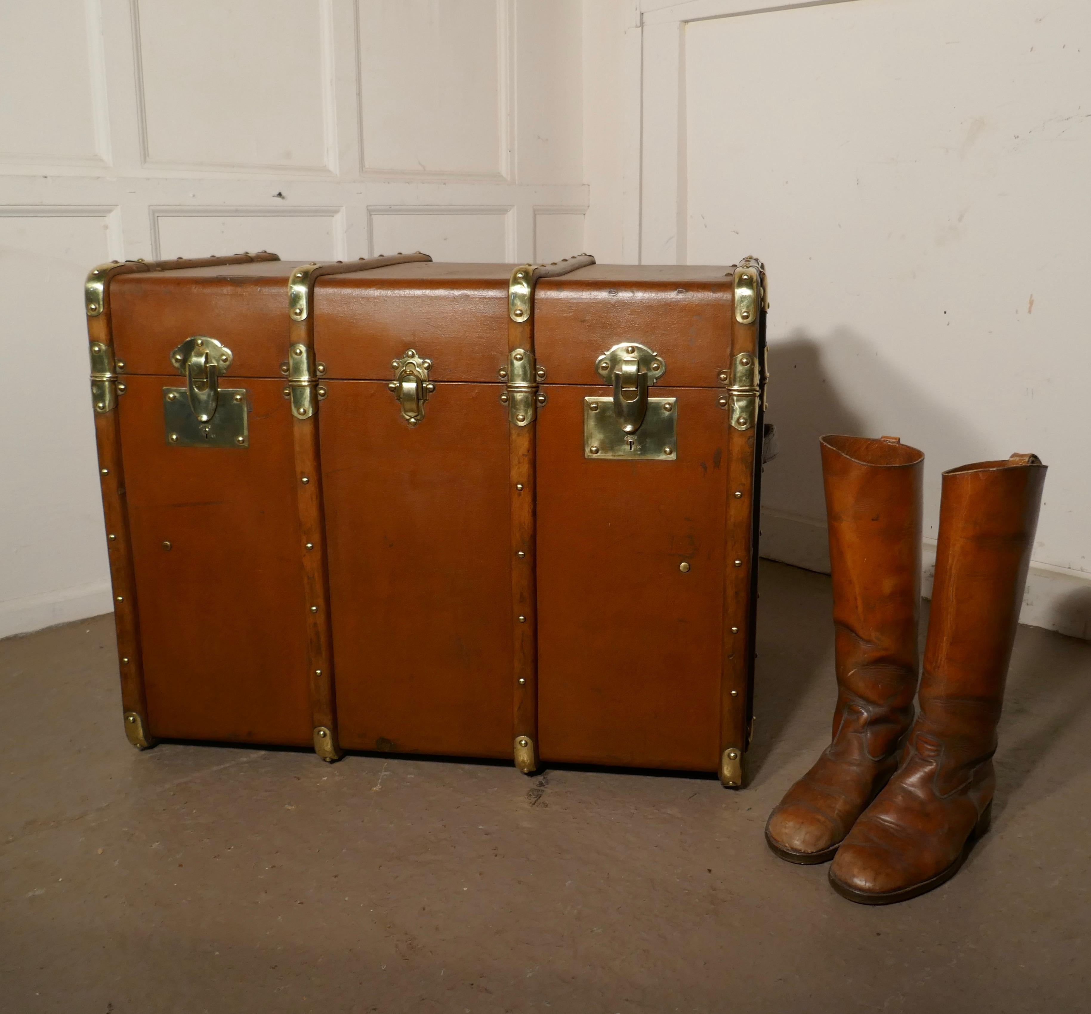 Large Tan Canvas, Wood and Brass Bound Steamer Trunk 3